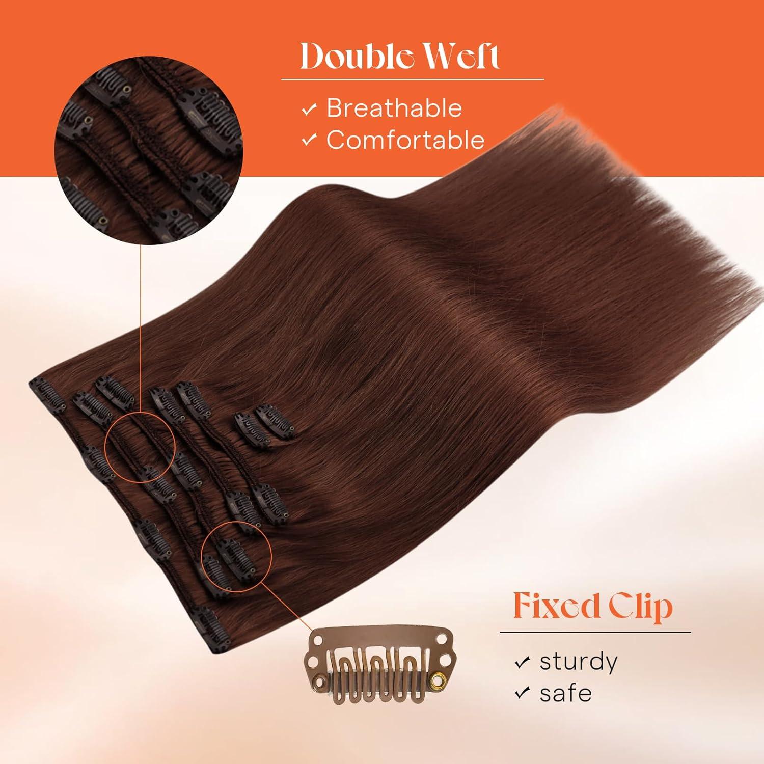 imageSunny Hair Clip in Hair Extensions Real Human Hair 120g Remy Hair Clip in Extensions for Women Human Hair Extensions Black Ombre Brown Balayage Caramel Blonde 24 InchA6 33Dark Auburn Red