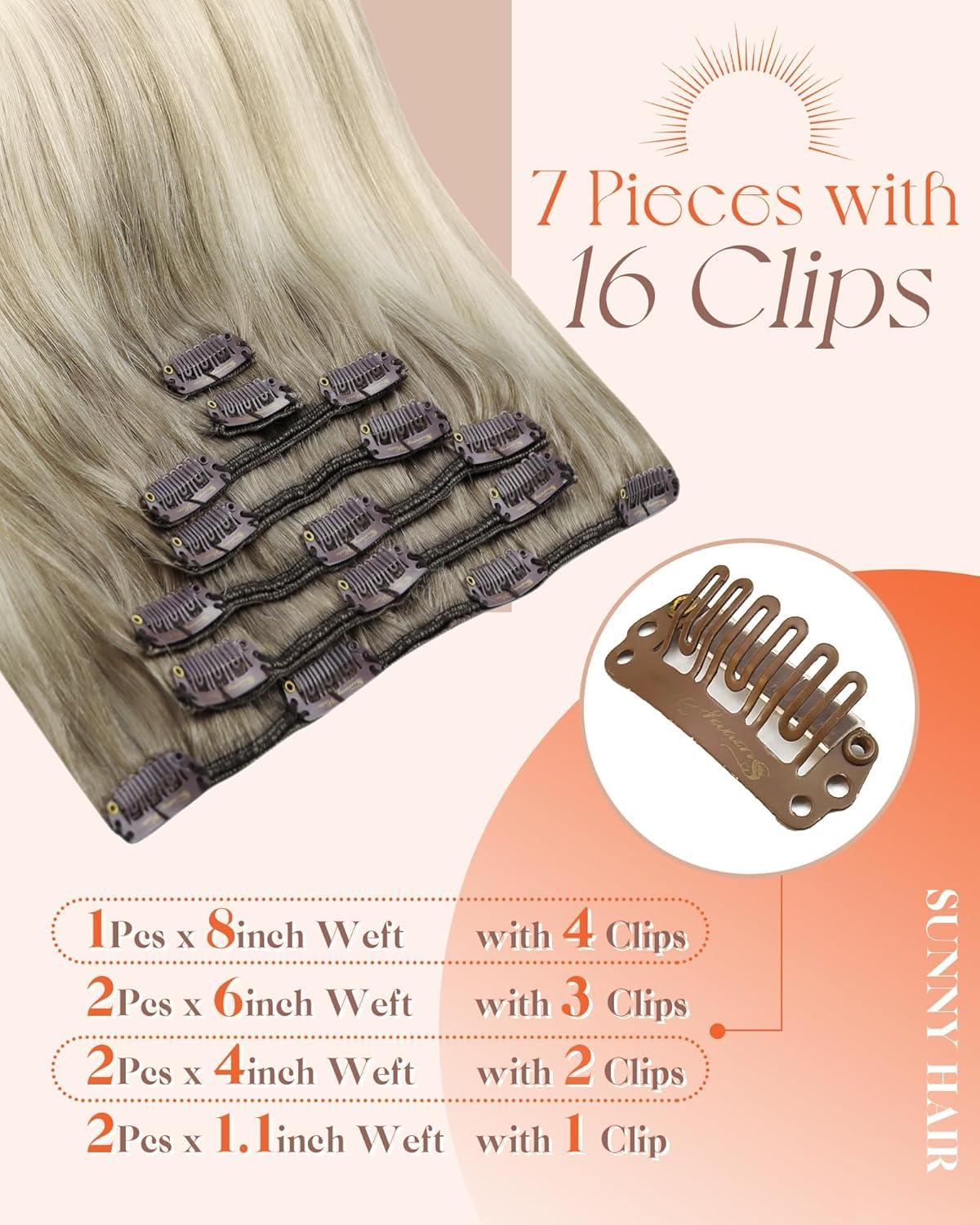 imageSunny Hair Clip in Hair Extensions Real Human Hair 120g Remy Hair Clip in Extensions for Women Human Hair Extensions Black Ombre Brown Balayage Caramel Blonde 24 InchA8 Balayage186060ACool Blonde Mix