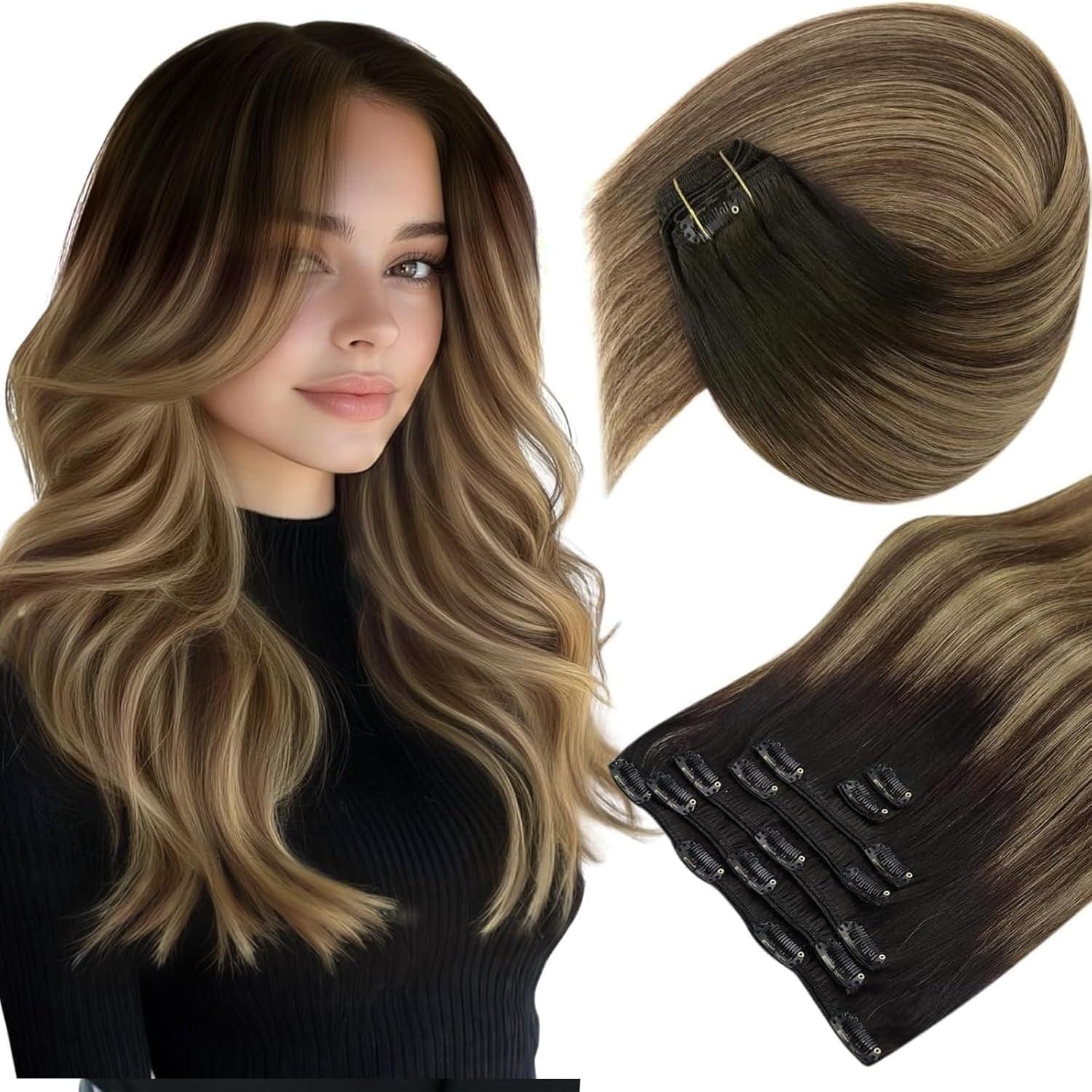 imageSunny Hair Clip in Hair Extensions Real Human Hair 120g Remy Hair Clip in Extensions for Women Human Hair Extensions Black Ombre Brown Balayage Caramel Blonde 24 InchA4 Ombre1B427Black Roots to Brown