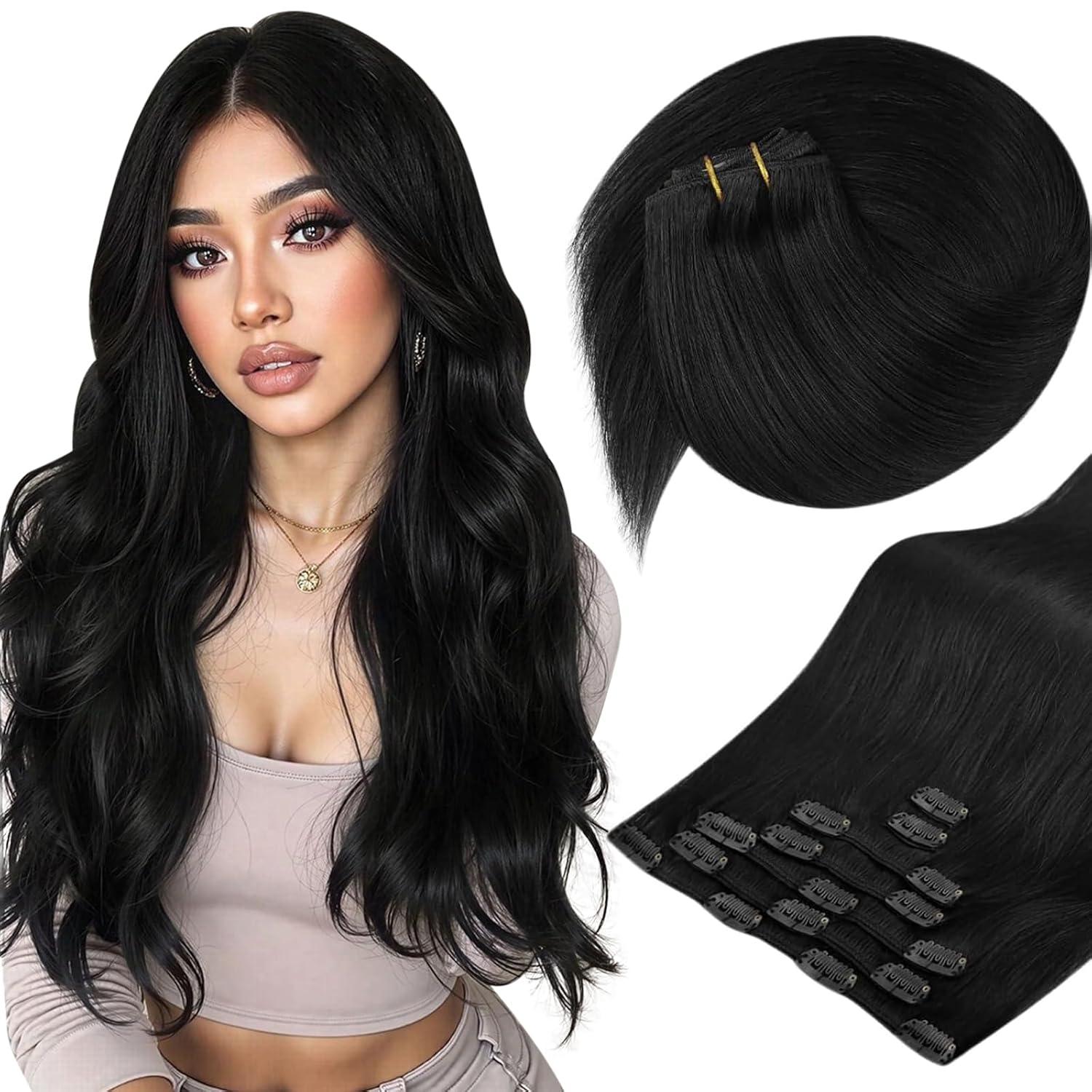 imageSunny Hair Clip in Hair Extensions Real Human Hair 120g Remy Hair Clip in Extensions for Women Human Hair Extensions Black Ombre Brown Balayage Caramel Blonde 24 InchA4 1BNatural Black
