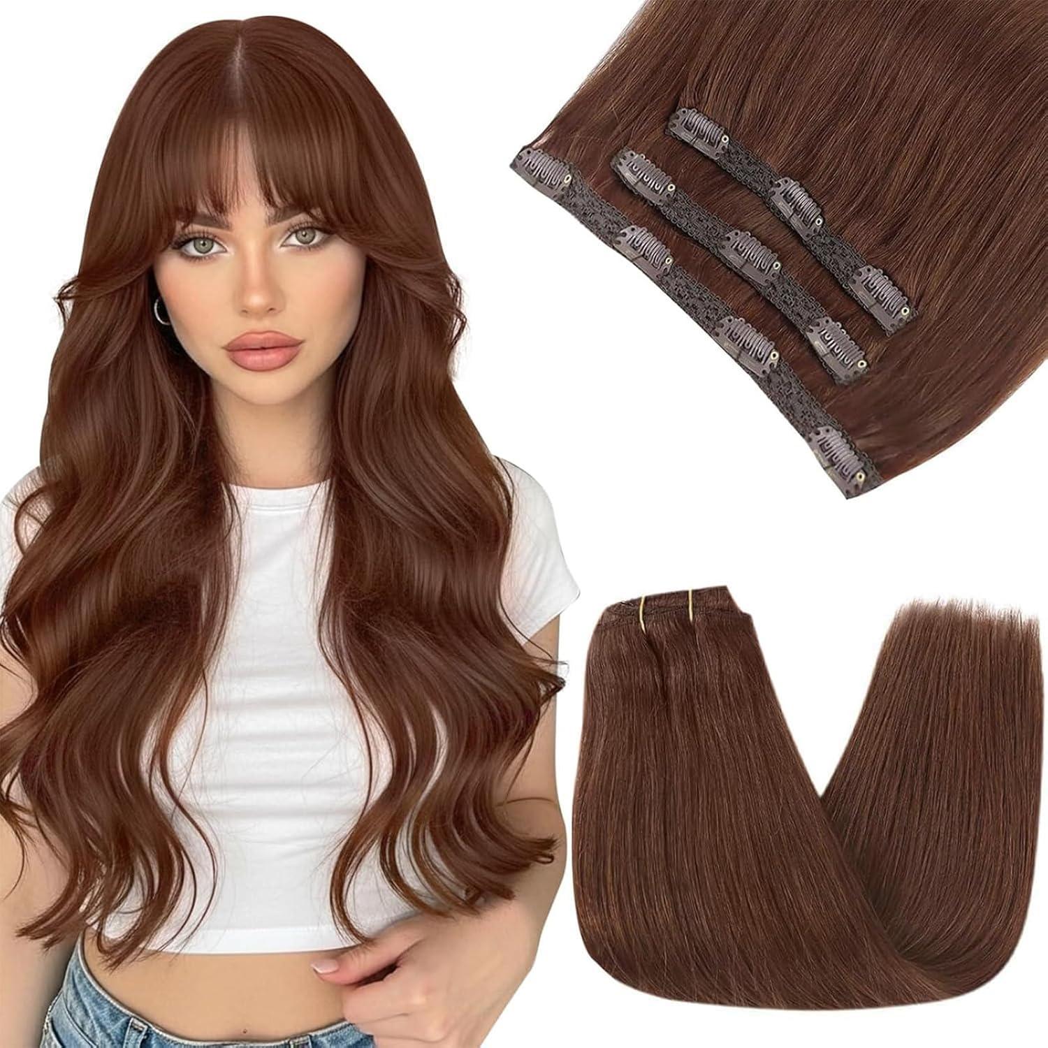 imageSunny Hair Clip in Hair Extensions Real Human Hair 120g Remy Hair Clip in Extensions for Women Human Hair Extensions Black Ombre Brown Balayage Caramel Blonde 24 InchA6 33Dark Auburn Red