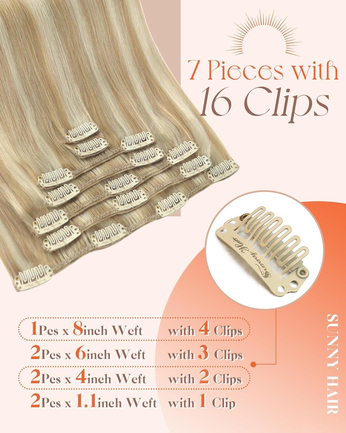 imageSunny Hair Clip in Hair Extensions Real Human Hair 120g Remy Hair Clip in Extensions for Women Human Hair Extensions Black Ombre Brown Balayage Caramel Blonde 24 InchA2 BlondeP27613Honey Blonde Highlight