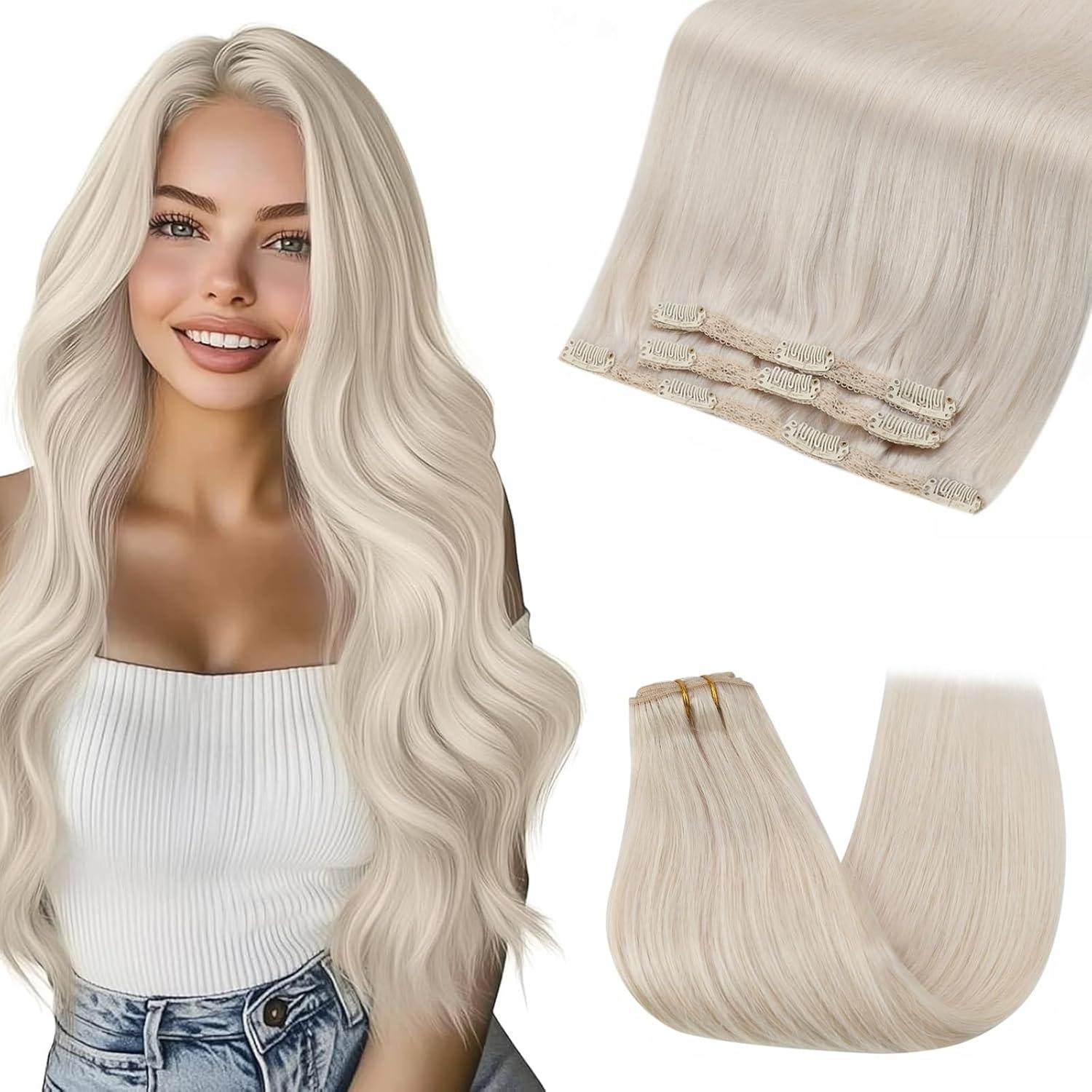 imageSunny Hair Clip in Hair Extensions Real Human Hair 120g Remy Hair Clip in Extensions for Women Human Hair Extensions Black Ombre Brown Balayage Caramel Blonde 24 InchA8 60Platinum Blonde
