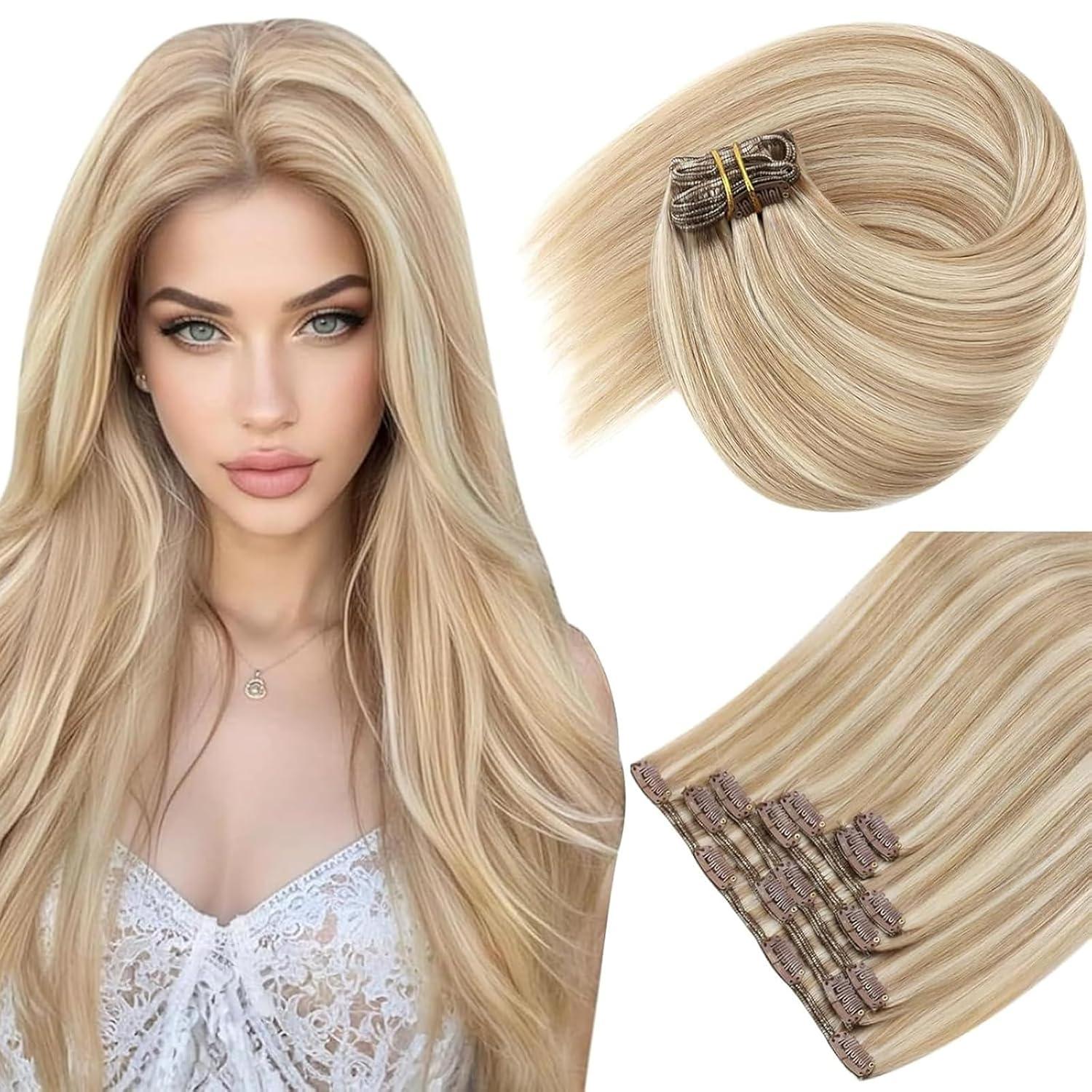 imageSunny Hair Clip in Hair Extensions Real Human Hair 120g Remy Hair Clip in Extensions for Women Human Hair Extensions Black Ombre Brown Balayage Caramel Blonde 24 InchA2 BlondeP18613Blonde Highlight