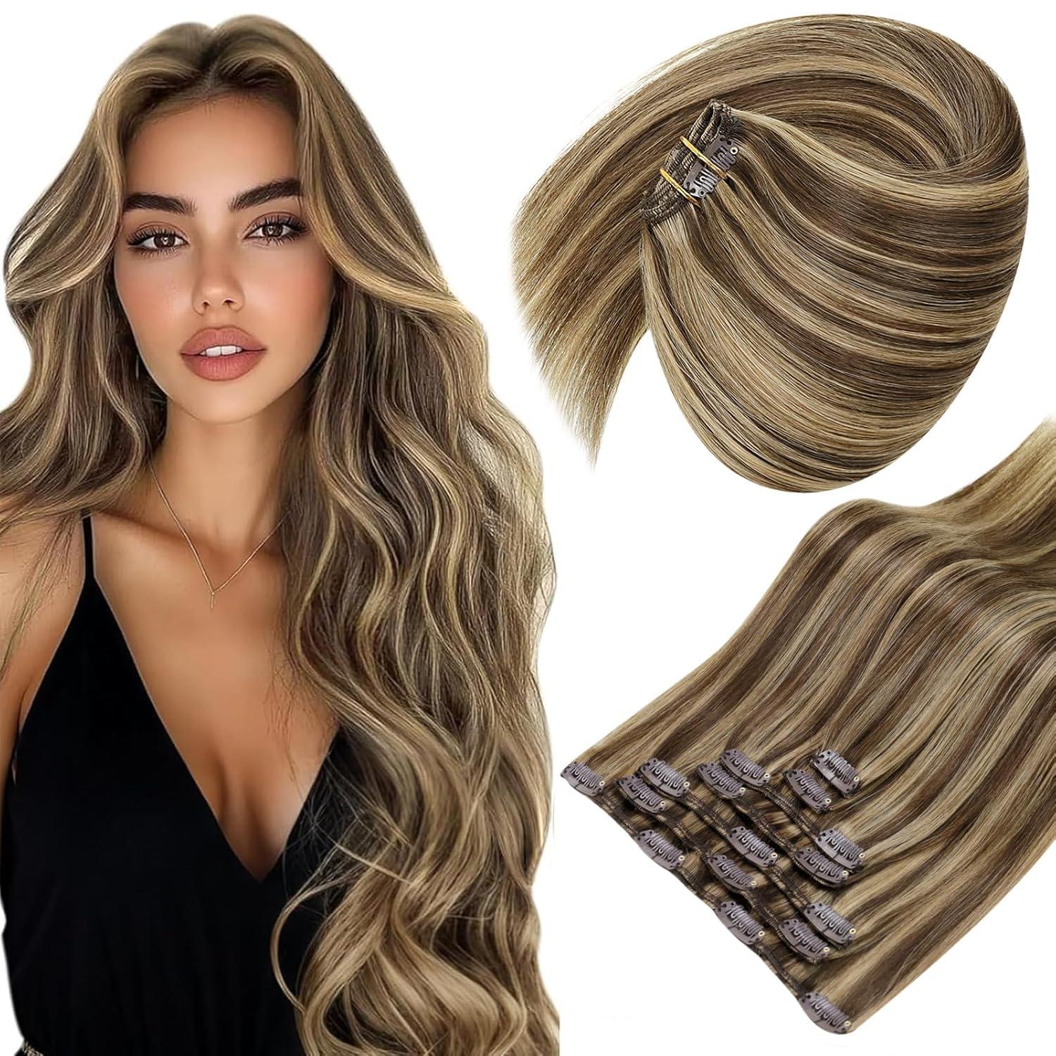 imageSunny Hair Clip in Hair Extensions Real Human Hair 120g Remy Hair Clip in Extensions for Women Human Hair Extensions Black Ombre Brown Balayage Caramel Blonde 24 InchA9 BrownP427Chocolate Brown Highlight