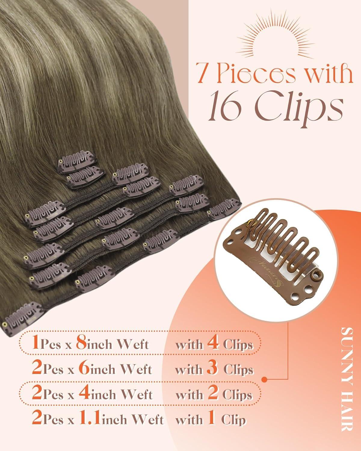imageSunny Hair Clip in Hair Extensions Real Human Hair 120g Remy Hair Clip in Extensions for Women Human Hair Extensions Black Ombre Brown Balayage Caramel Blonde 24 InchA7 Balayage3822Walnut Brown Mix