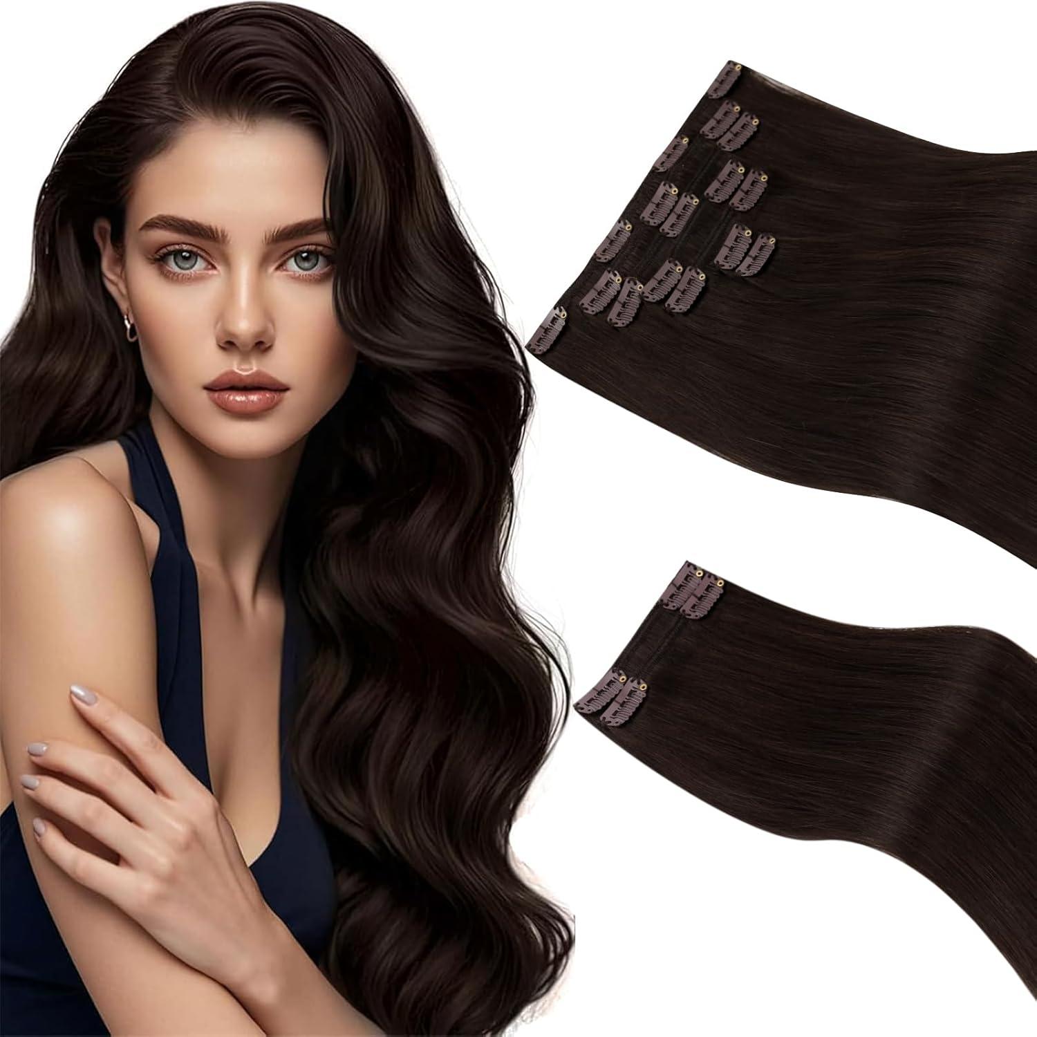 imageSunny Hair Clip in Hair Extensions Real Human Hair 120g Remy Hair Clip in Extensions for Women Human Hair Extensions Black Ombre Brown Balayage Caramel Blonde 24 InchA5 2Dark Brown
