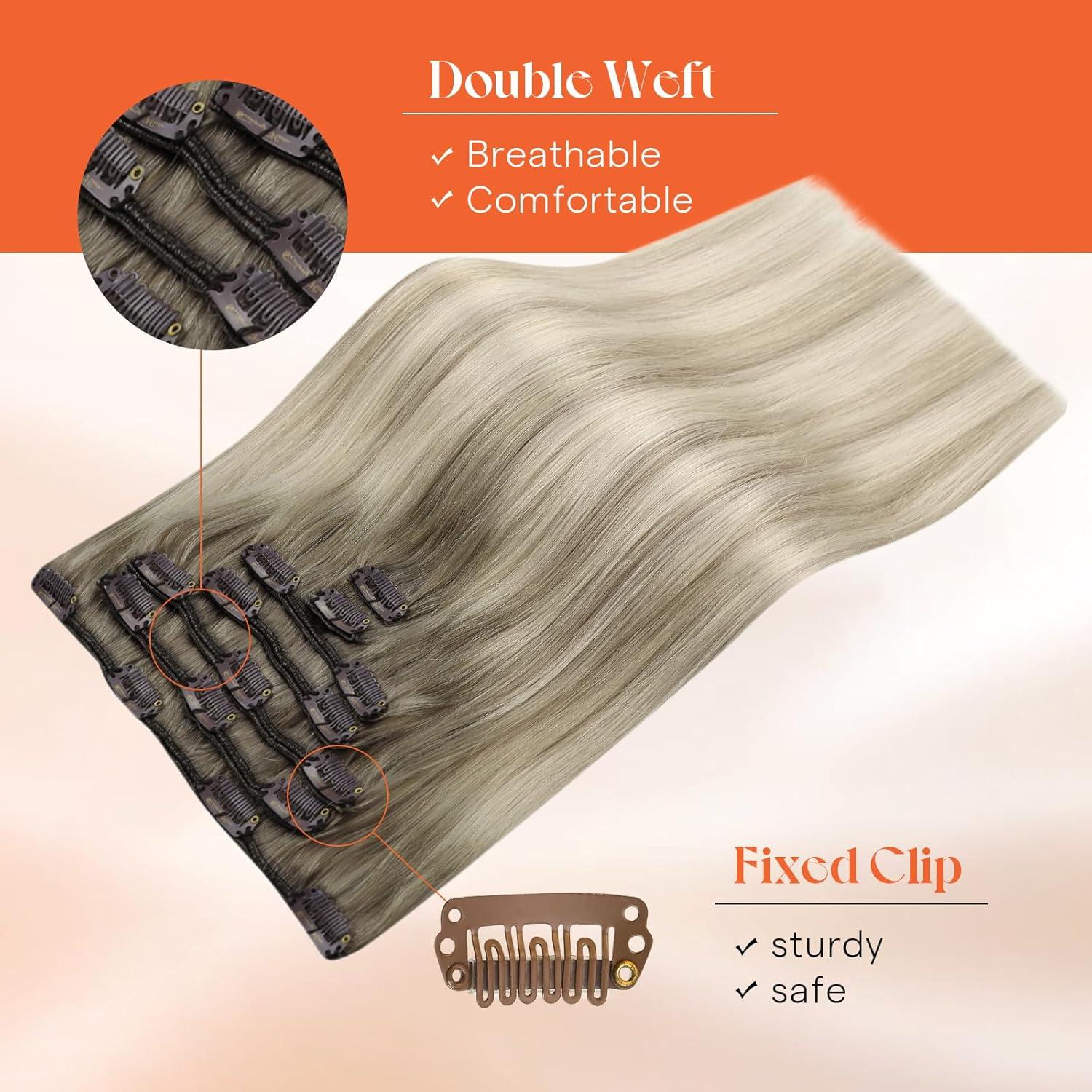 imageSunny Hair Clip in Hair Extensions Real Human Hair 120g Remy Hair Clip in Extensions for Women Human Hair Extensions Black Ombre Brown Balayage Caramel Blonde 24 InchA8 Balayage186060ACool Blonde Mix