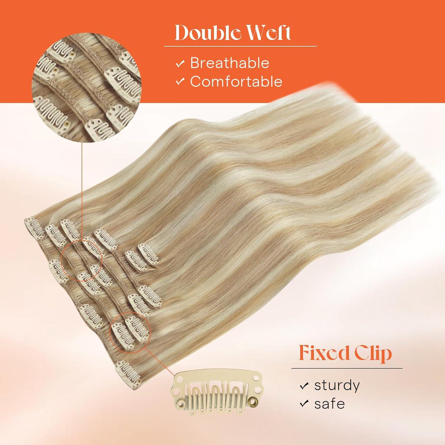 imageSunny Hair Clip in Hair Extensions Real Human Hair 120g Remy Hair Clip in Extensions for Women Human Hair Extensions Black Ombre Brown Balayage Caramel Blonde 24 InchA2 BlondeP27613Honey Blonde Highlight