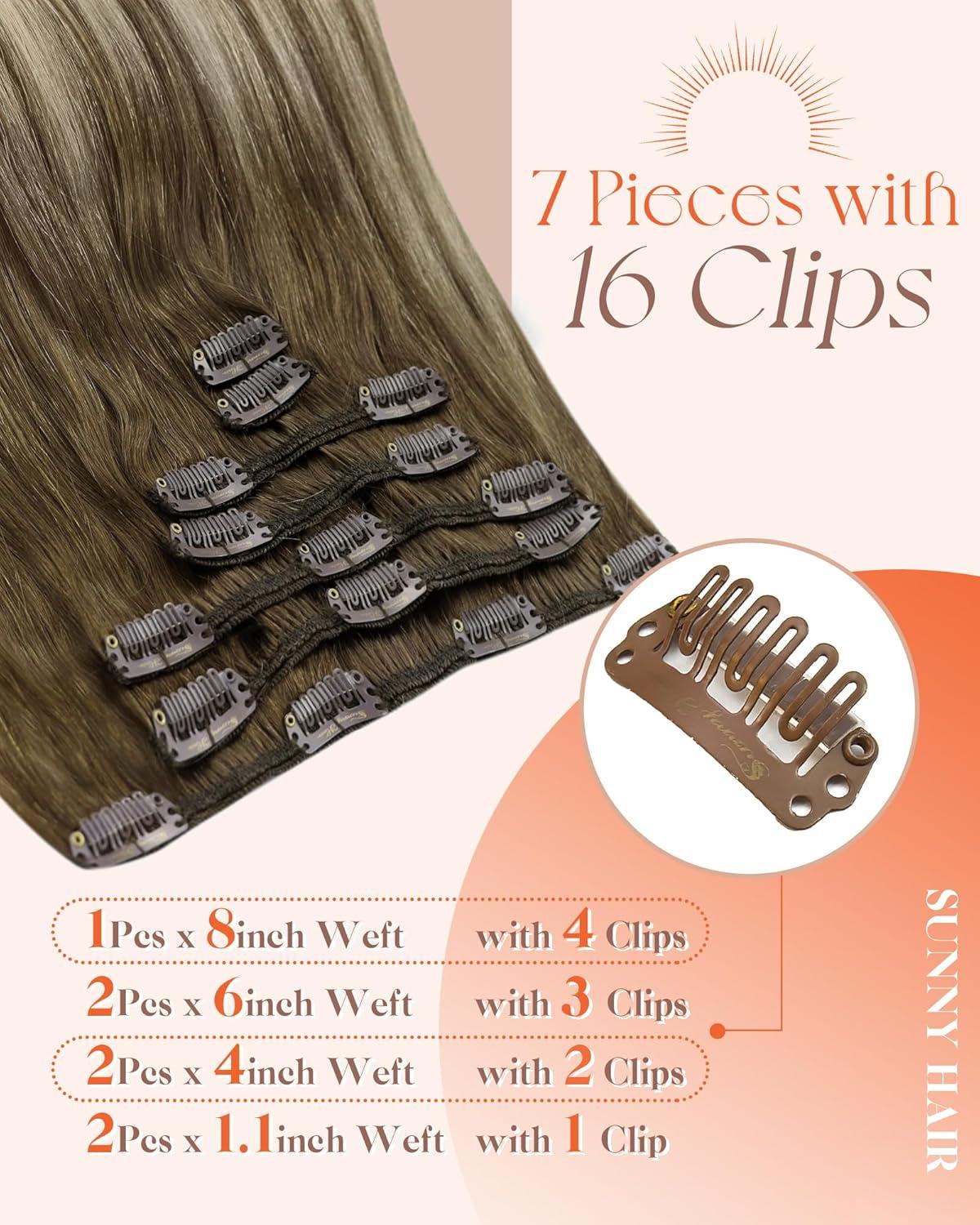 imageSunny Hair Clip in Hair Extensions Real Human Hair 120g Remy Hair Clip in Extensions for Women Human Hair Extensions Black Ombre Brown Balayage Caramel Blonde 24 InchA7 Balayage6606Chestnut Brown Mix