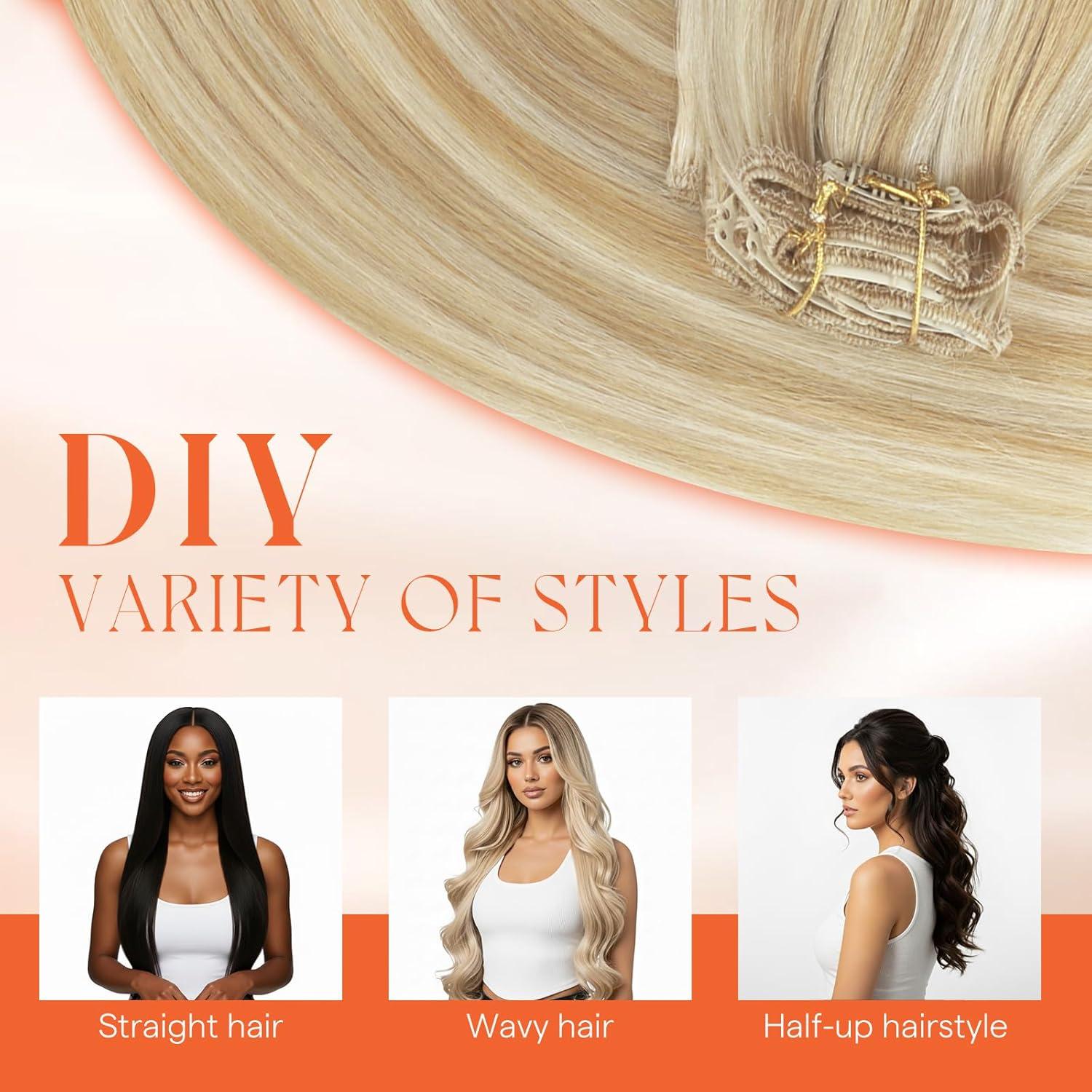 imageSunny Hair Clip in Hair Extensions Real Human Hair 120g Remy Hair Clip in Extensions for Women Human Hair Extensions Black Ombre Brown Balayage Caramel Blonde 24 InchA2 BlondeP27613Honey Blonde Highlight