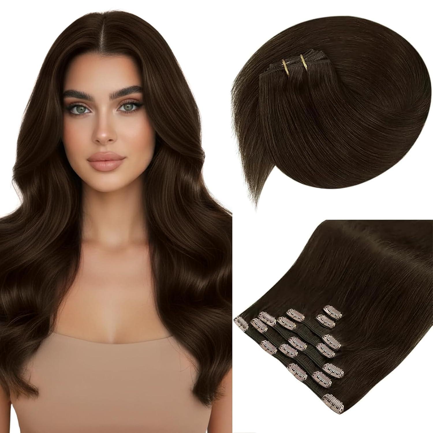 imageSunny Hair Clip in Hair Extensions Real Human Hair 120g Remy Hair Clip in Extensions for Women Human Hair Extensions Black Ombre Brown Balayage Caramel Blonde 24 InchA5 4Chocolate Brown