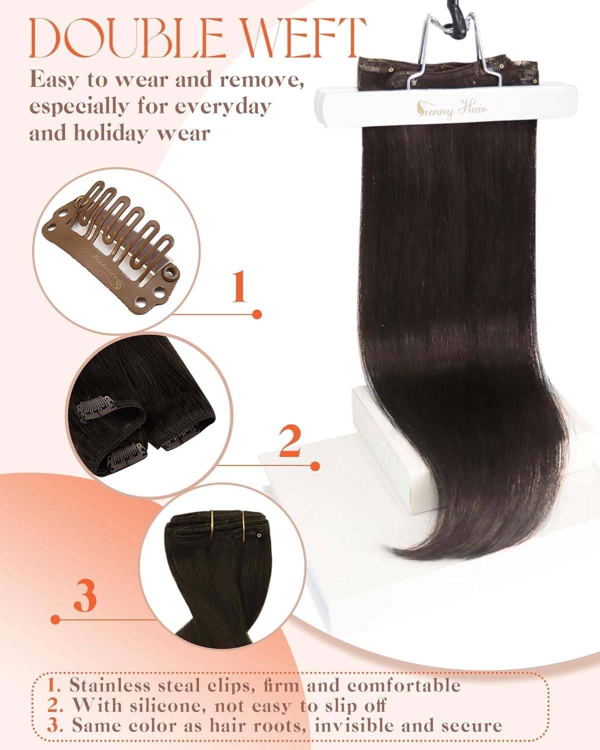 imageSunny Hair Clip in Hair Extensions Real Human Hair 120g Remy Hair Clip in Extensions for Women Human Hair Extensions Black Ombre Brown Balayage Caramel Blonde 24 InchA5 2Dark Brown