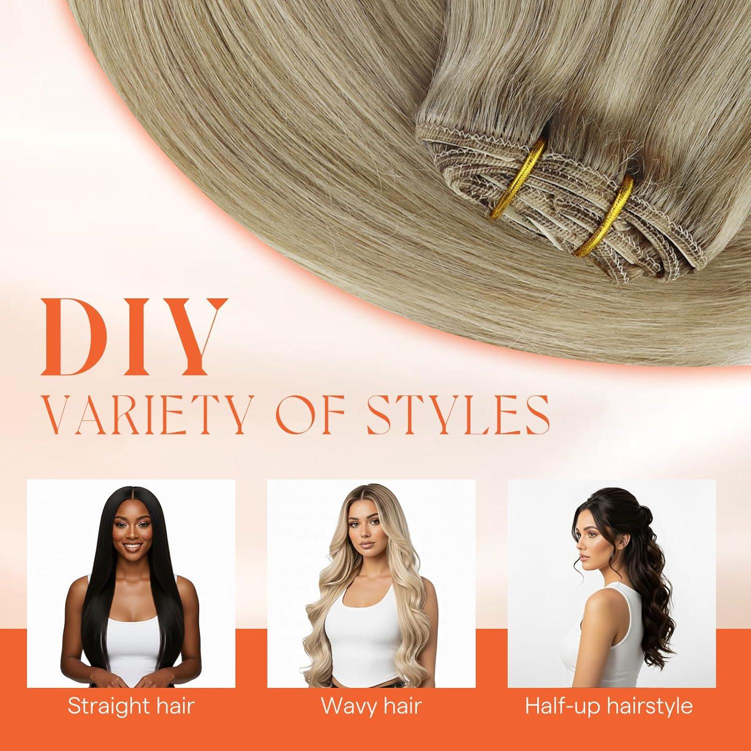 imageSunny Hair Clip in Hair Extensions Real Human Hair 120g Remy Hair Clip in Extensions for Women Human Hair Extensions Black Ombre Brown Balayage Caramel Blonde 24 InchA1 P1622Golden Blonde Highlights