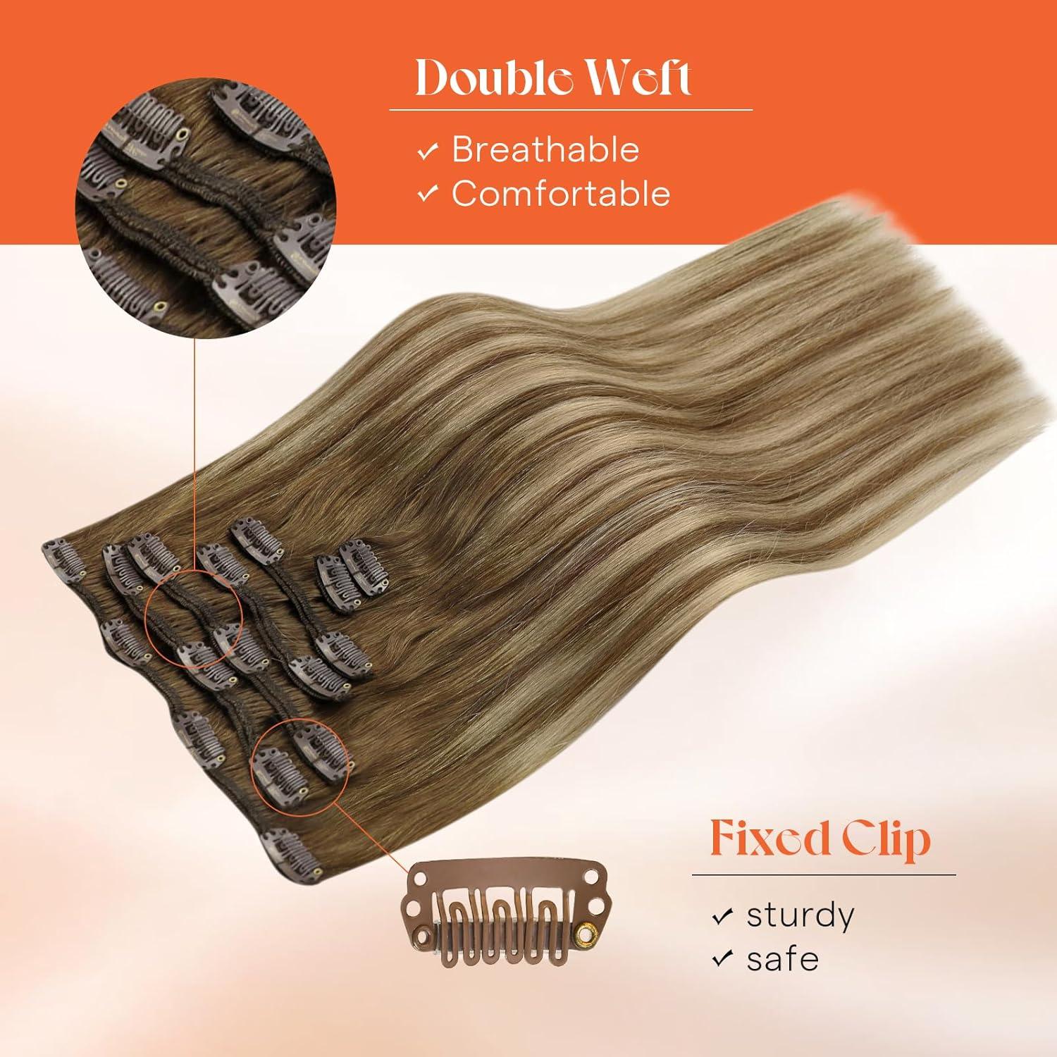 imageSunny Hair Clip in Hair Extensions Real Human Hair 120g Remy Hair Clip in Extensions for Women Human Hair Extensions Black Ombre Brown Balayage Caramel Blonde 24 InchA7 Balayage6606Chestnut Brown Mix
