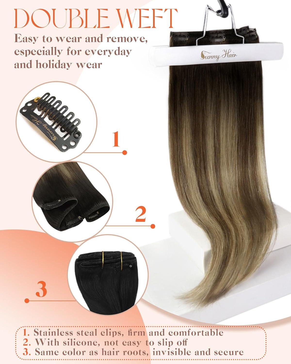 imageSunny Hair Clip in Hair Extensions Real Human Hair 120g Remy Hair Clip in Extensions for Women Human Hair Extensions Black Ombre Brown Balayage Caramel Blonde 24 InchA4 Ombre1B427Black Roots to Brown