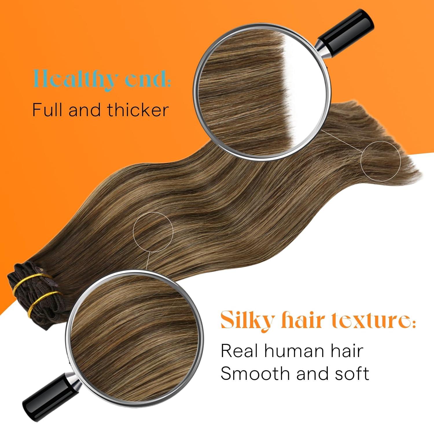 imageSunny Hair Clip in Hair Extensions Real Human Hair 120g Remy Hair Clip in Extensions for Women Human Hair Extensions Black Ombre Brown Balayage Caramel Blonde 24 InchA7 Balayage4274Chocolate Brown Mix