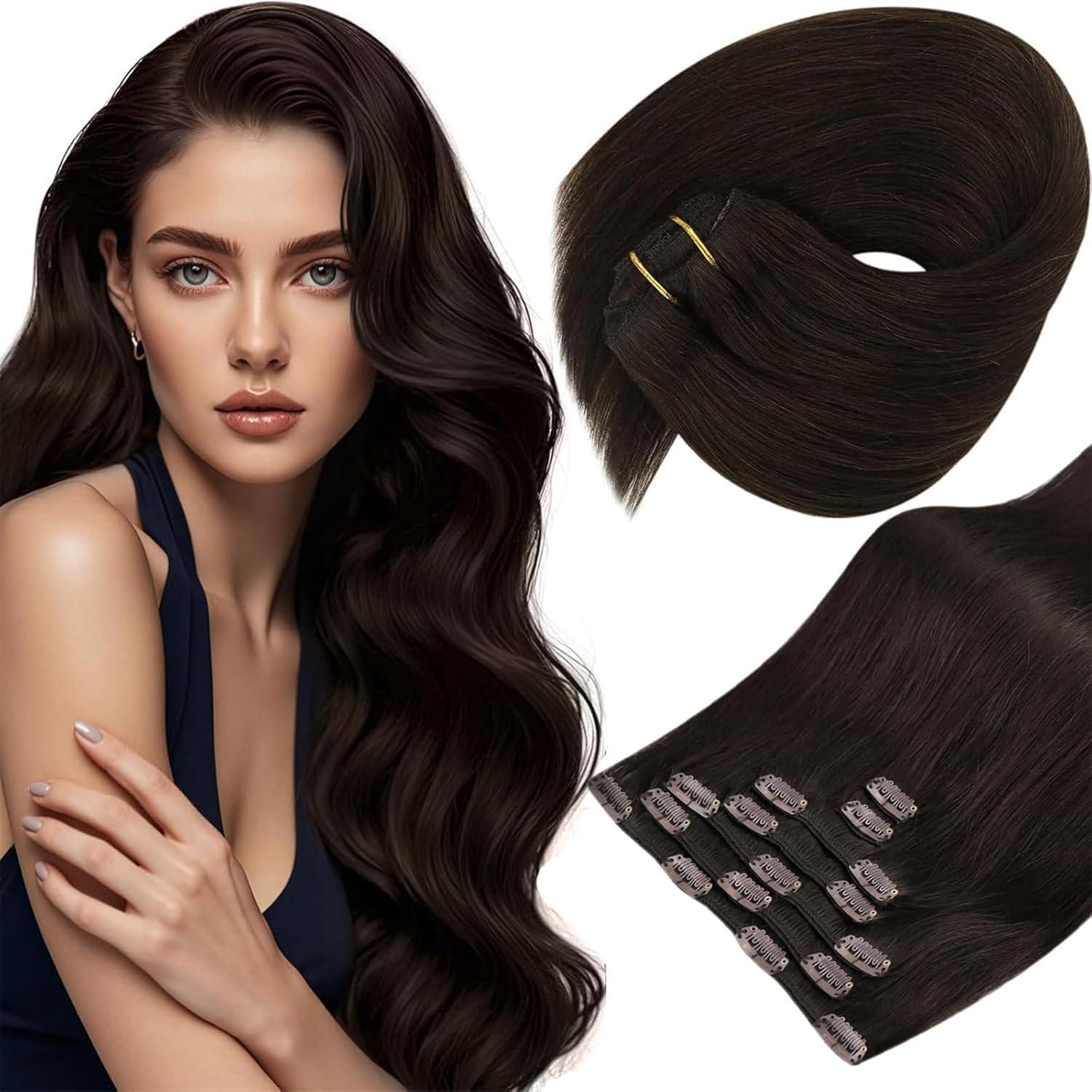 imageSunny Hair Clip in Hair Extensions Real Human Hair 120g Remy Hair Clip in Extensions for Women Human Hair Extensions Black Ombre Brown Balayage Caramel Blonde 24 InchA5 2Dark Brown