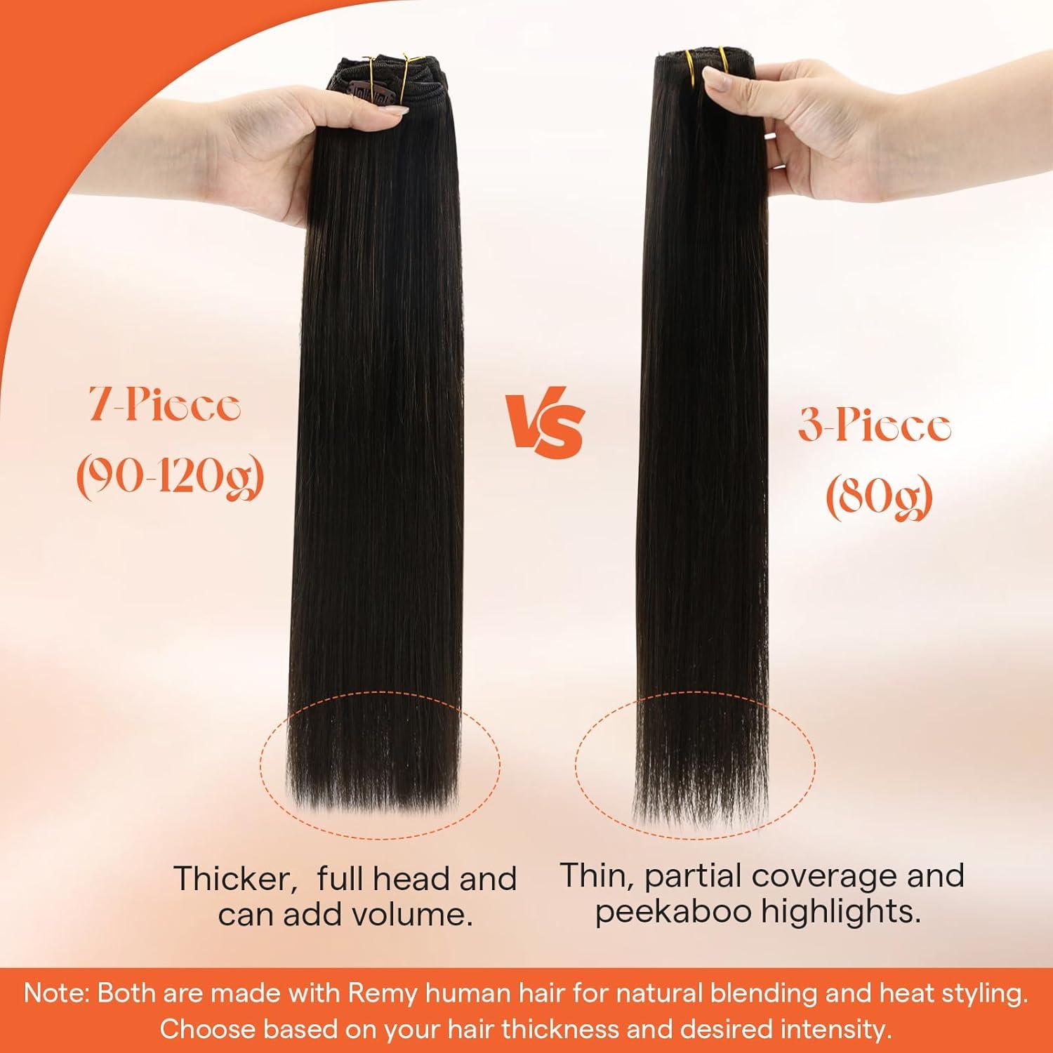 imageSunny Hair Clip in Hair Extensions Real Human Hair 120g Remy Hair Clip in Extensions for Women Human Hair Extensions Black Ombre Brown Balayage Caramel Blonde 24 InchA3 1Jet Black
