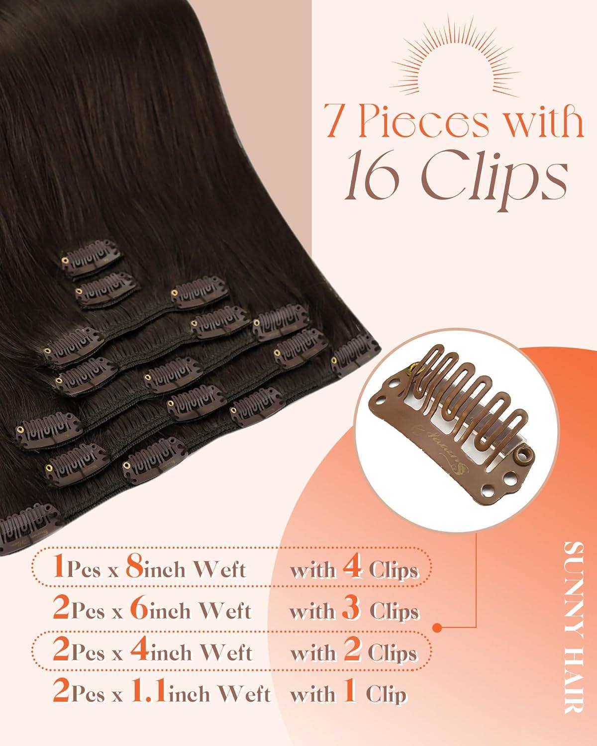 imageSunny Hair Clip in Hair Extensions Real Human Hair 120g Remy Hair Clip in Extensions for Women Human Hair Extensions Black Ombre Brown Balayage Caramel Blonde 24 InchA5 2Dark Brown