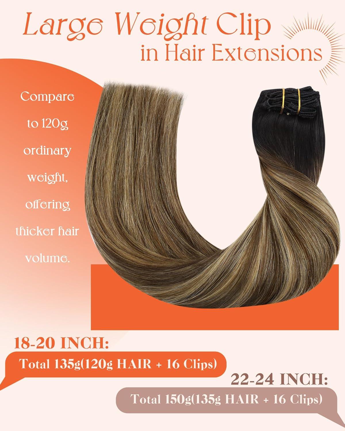 imageSunny Hair Clip in Hair Extensions Real Human Hair 120g Remy Hair Clip in Extensions for Women Human Hair Extensions Black Ombre Brown Balayage Caramel Blonde 24 InchA4 Ombre1B427Black Roots to Brown