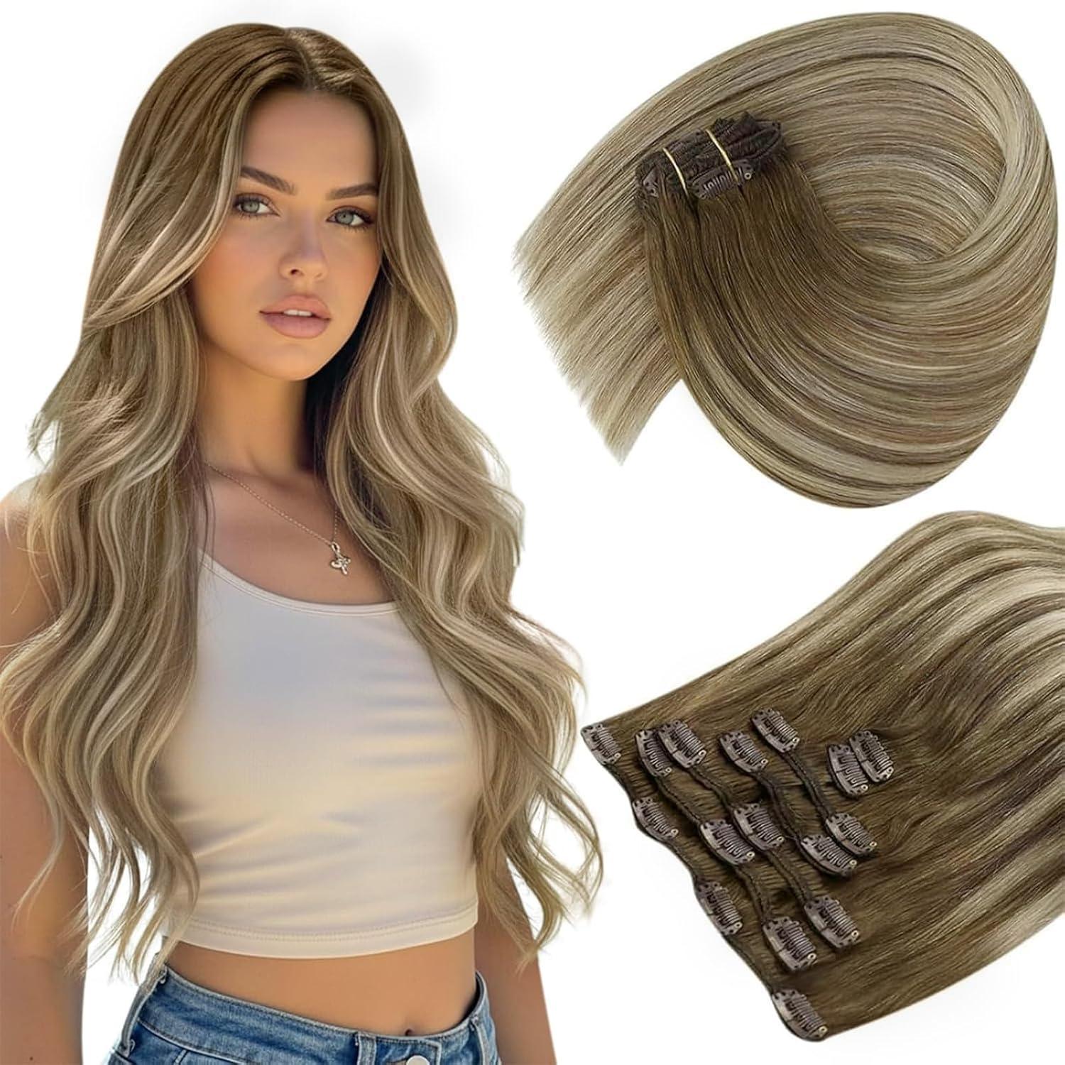 imageSunny Hair Clip in Hair Extensions Real Human Hair 120g Remy Hair Clip in Extensions for Women Human Hair Extensions Black Ombre Brown Balayage Caramel Blonde 24 InchA7 Balayage6606Chestnut Brown Mix