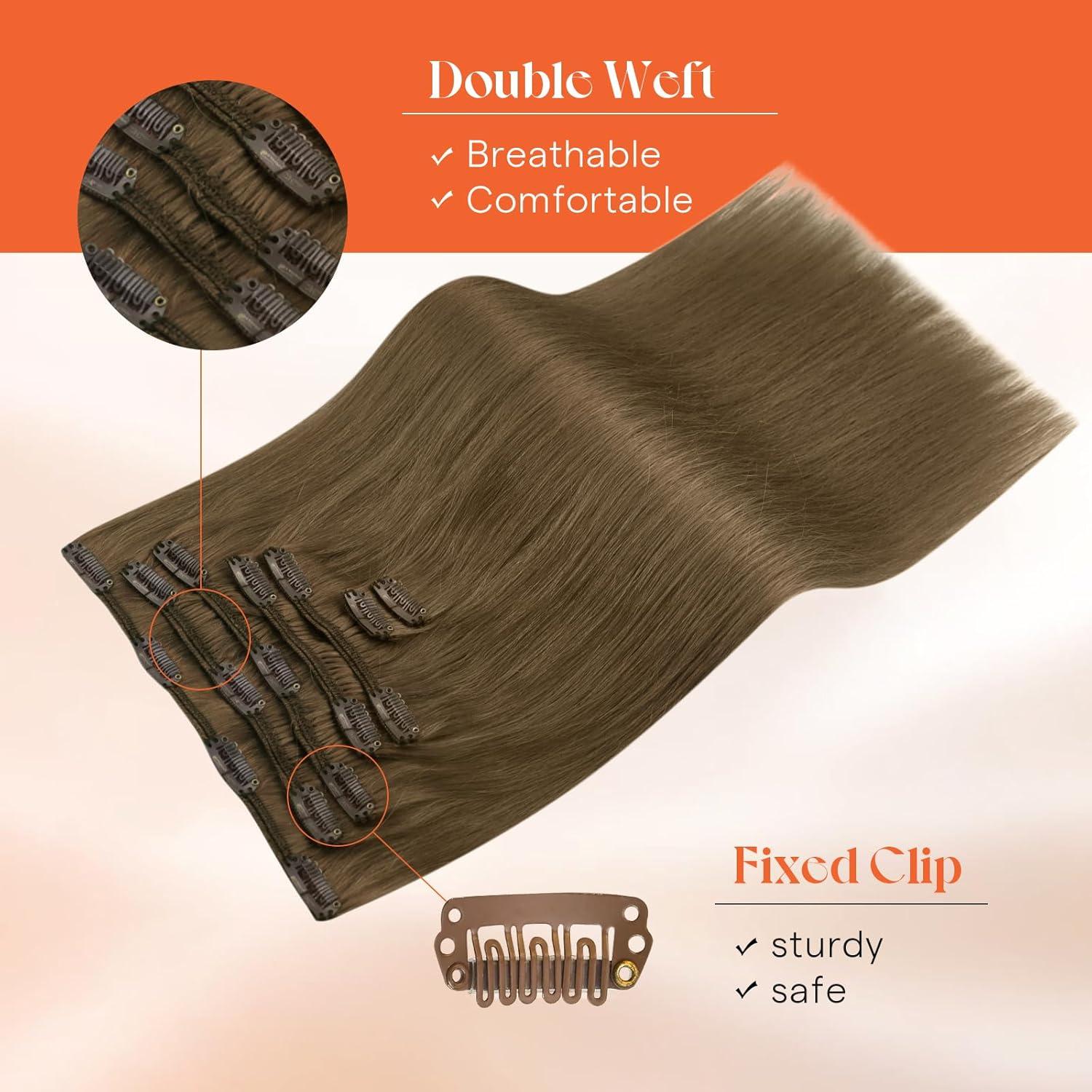 imageSunny Hair Clip in Hair Extensions Real Human Hair 120g Remy Hair Clip in Extensions for Women Human Hair Extensions Black Ombre Brown Balayage Caramel Blonde 24 InchA5 8Light Ash Brown