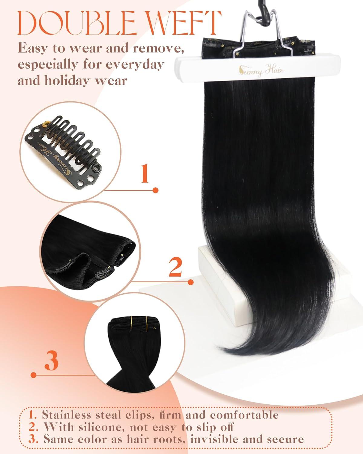 imageSunny Hair Clip in Hair Extensions Real Human Hair 120g Remy Hair Clip in Extensions for Women Human Hair Extensions Black Ombre Brown Balayage Caramel Blonde 24 InchA3 1Jet Black