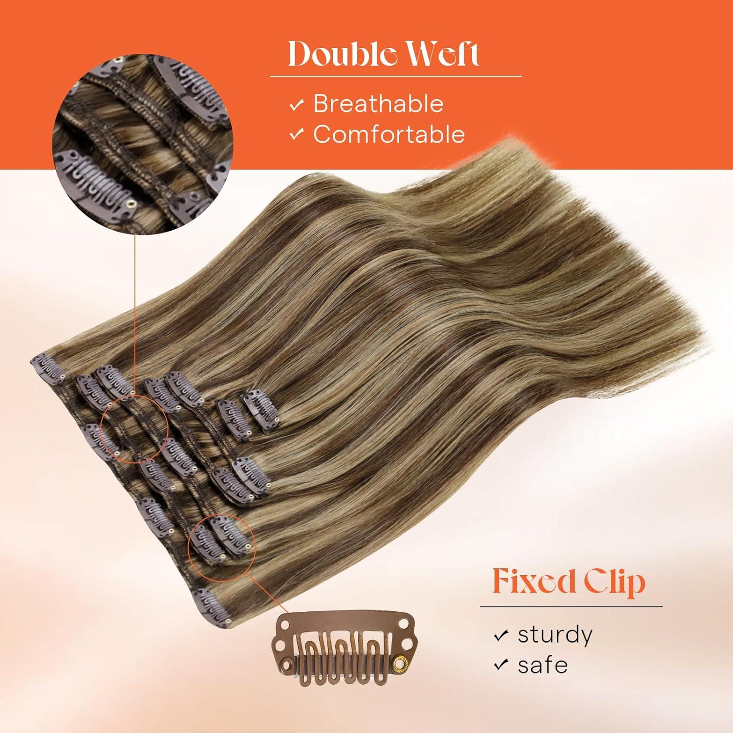 imageSunny Hair Clip in Hair Extensions Real Human Hair 120g Remy Hair Clip in Extensions for Women Human Hair Extensions Black Ombre Brown Balayage Caramel Blonde 24 InchA9 BrownP427Chocolate Brown Highlight