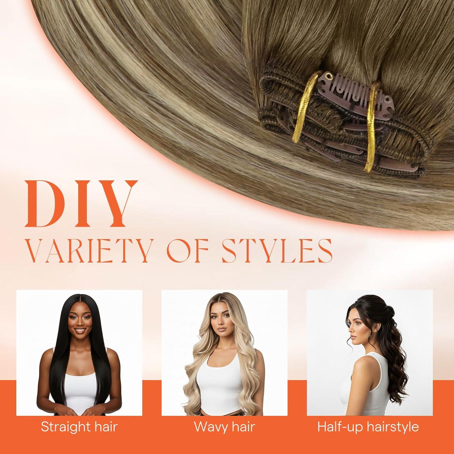 imageSunny Hair Clip in Hair Extensions Real Human Hair 120g Remy Hair Clip in Extensions for Women Human Hair Extensions Black Ombre Brown Balayage Caramel Blonde 24 InchA7 Balayage3822Walnut Brown Mix