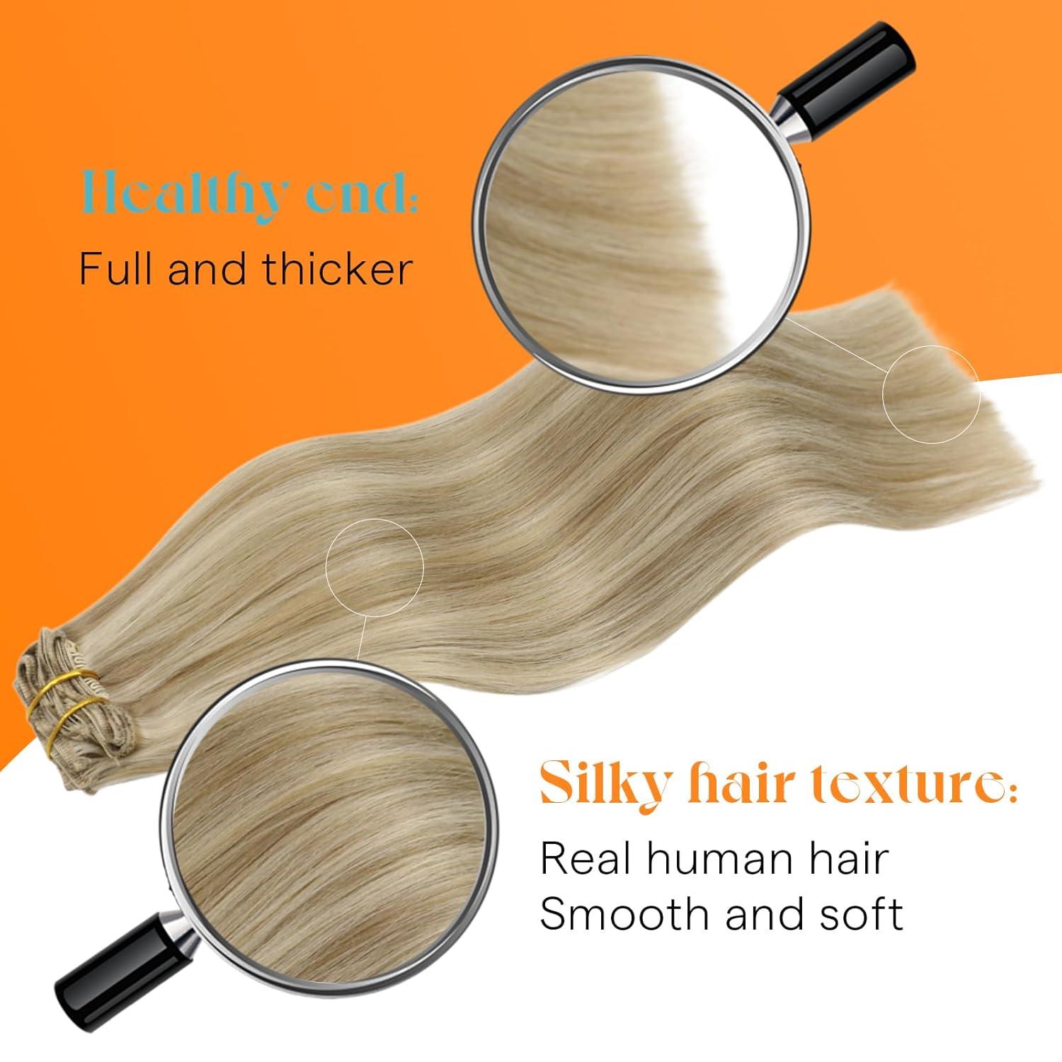 imageSunny Hair Clip in Hair Extensions Real Human Hair 120g Remy Hair Clip in Extensions for Women Human Hair Extensions Black Ombre Brown Balayage Caramel Blonde 24 InchA1 P1622Golden Blonde Highlights