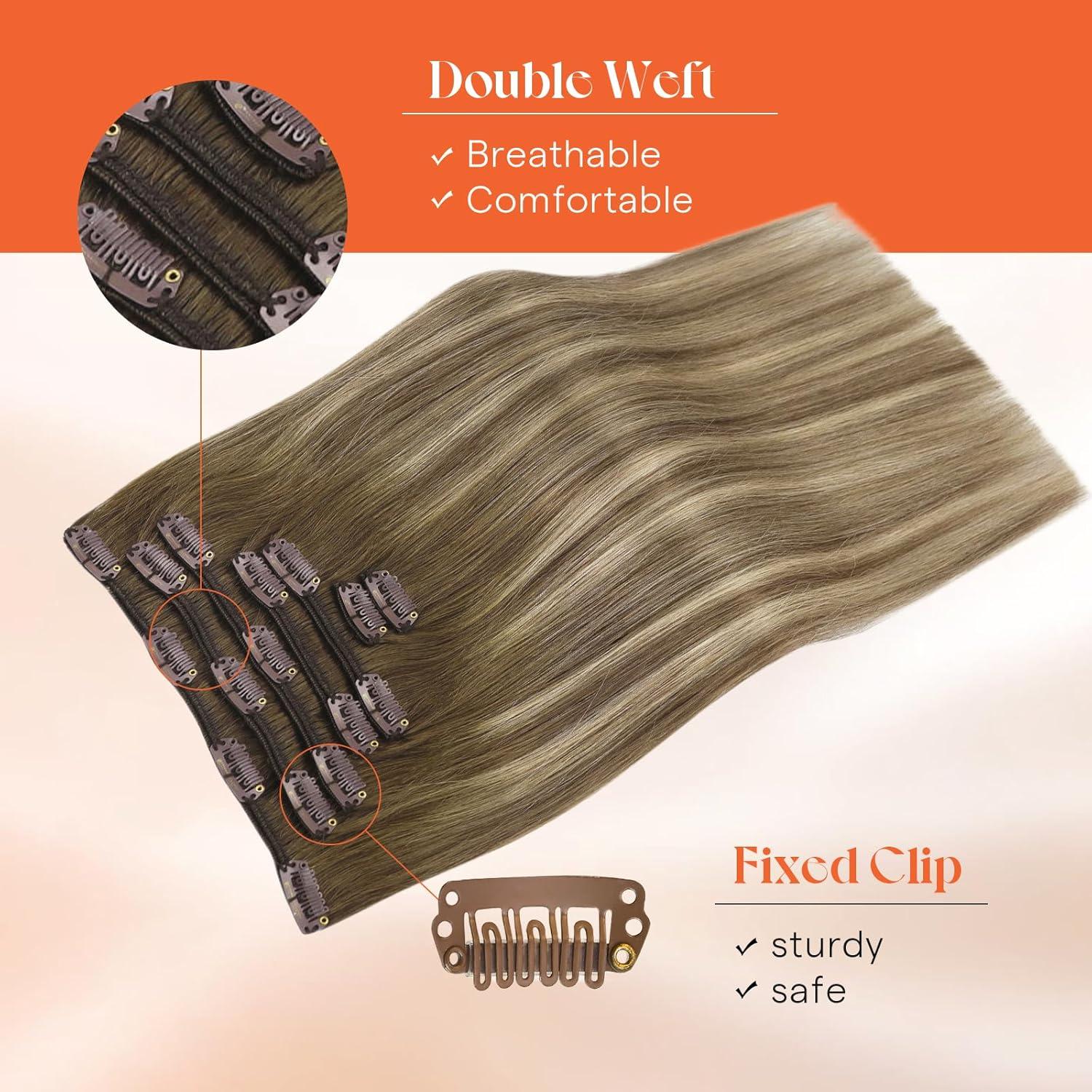 imageSunny Hair Clip in Hair Extensions Real Human Hair 120g Remy Hair Clip in Extensions for Women Human Hair Extensions Black Ombre Brown Balayage Caramel Blonde 24 InchA7 Balayage3822Walnut Brown Mix
