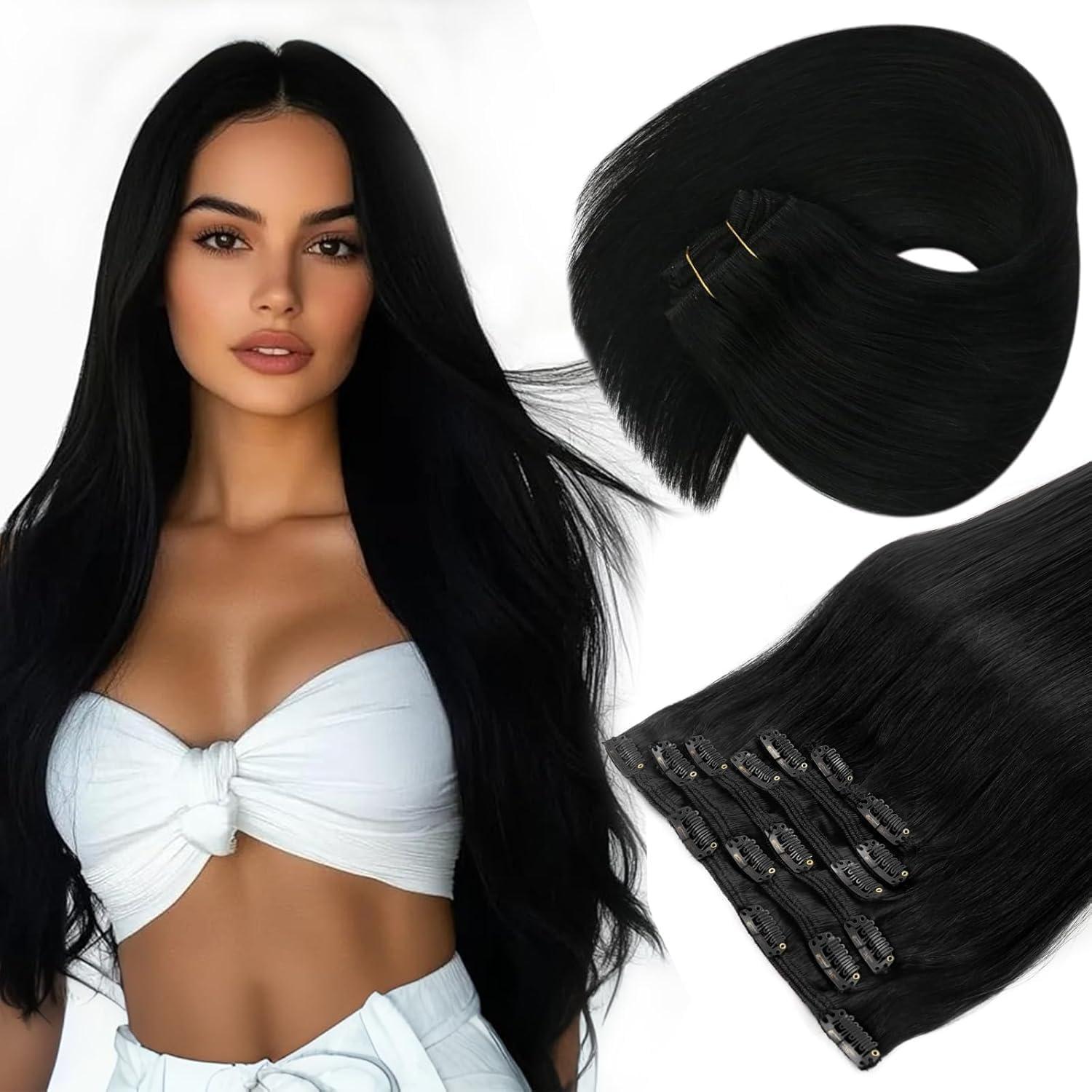 imageSunny Hair Clip in Hair Extensions Real Human Hair 120g Remy Hair Clip in Extensions for Women Human Hair Extensions Black Ombre Brown Balayage Caramel Blonde 24 InchA3 1Jet Black