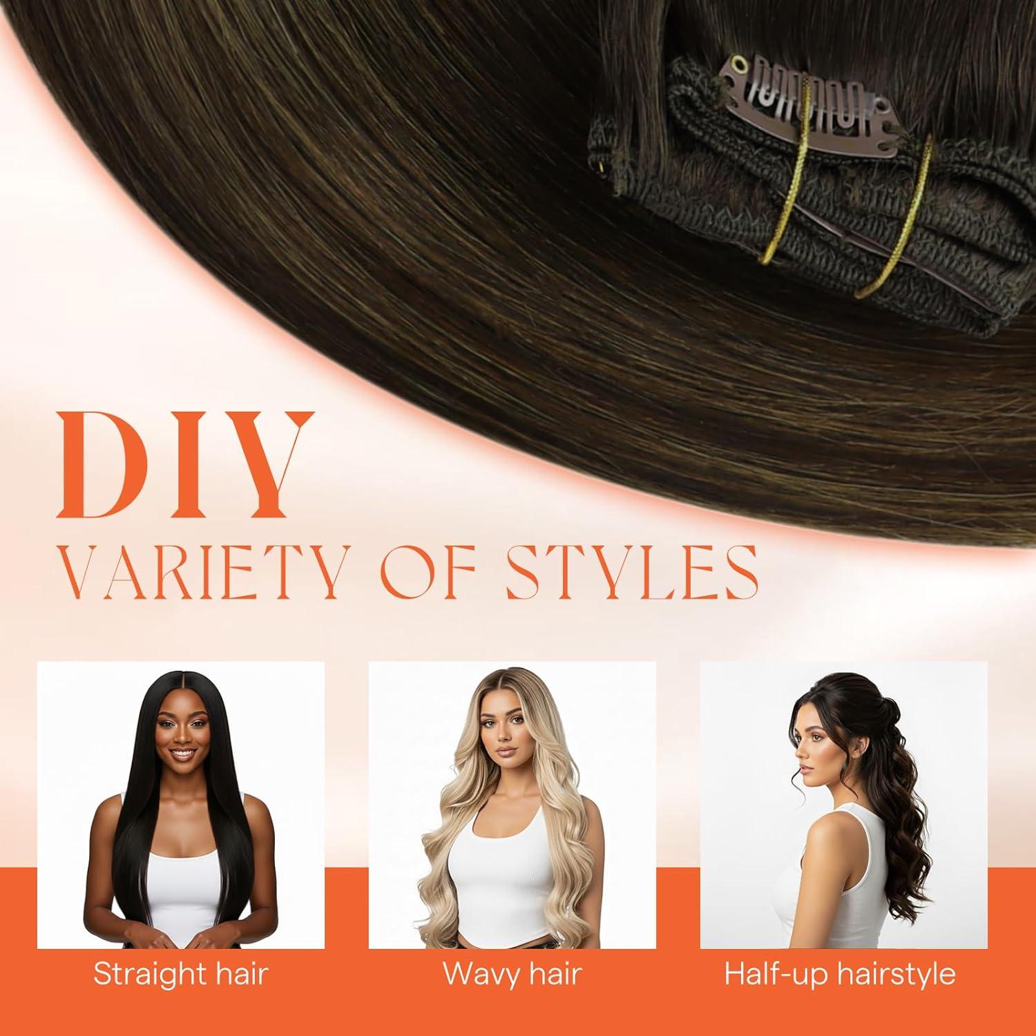 imageSunny Hair Clip in Hair Extensions Real Human Hair 120g Remy Hair Clip in Extensions for Women Human Hair Extensions Black Ombre Brown Balayage Caramel Blonde 24 InchA5 Balayage262Dark Brown Mix