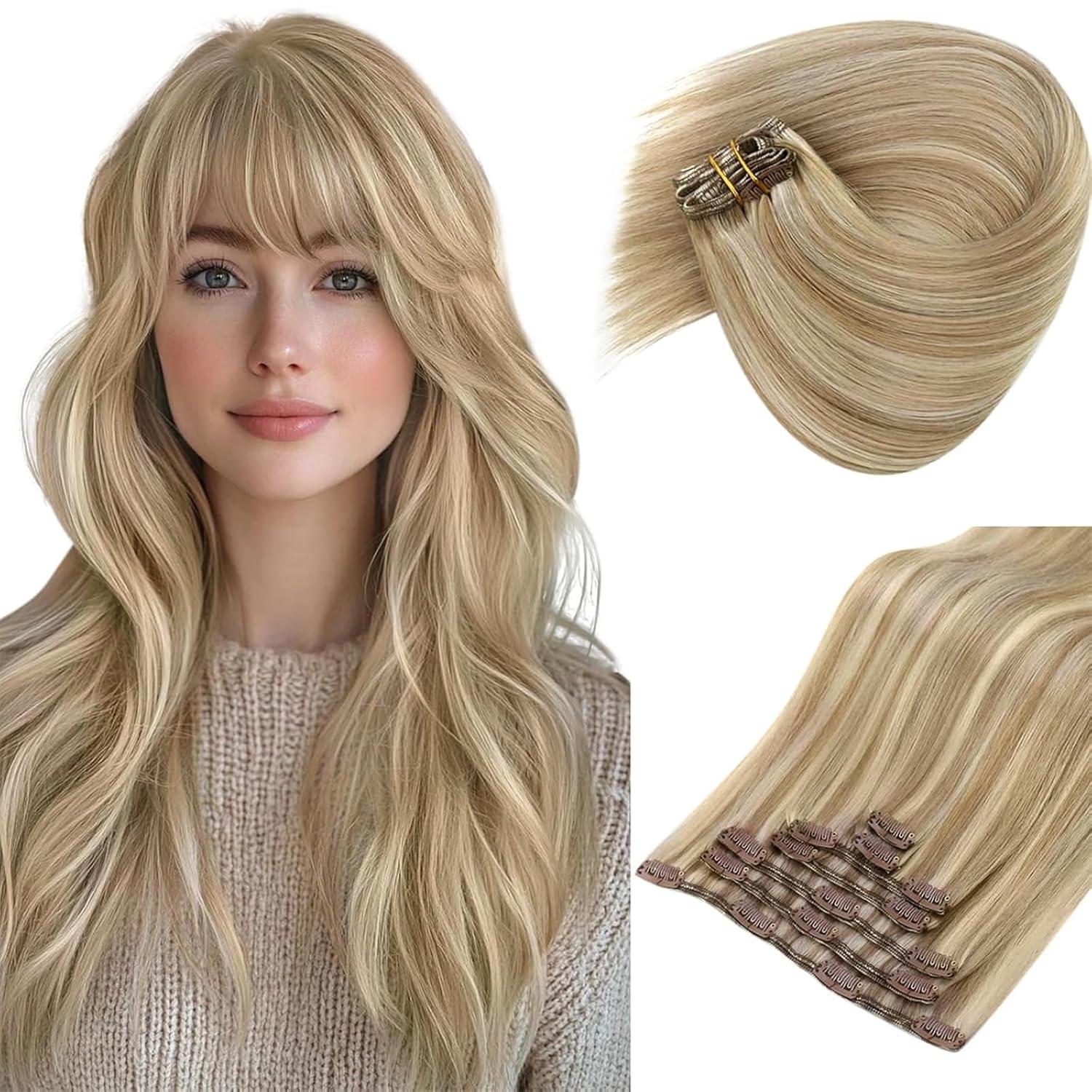 imageSunny Hair Clip in Hair Extensions Real Human Hair 120g Remy Hair Clip in Extensions for Women Human Hair Extensions Black Ombre Brown Balayage Caramel Blonde 24 InchA2 BlondeP1060Dark Golden Blonde Highlights