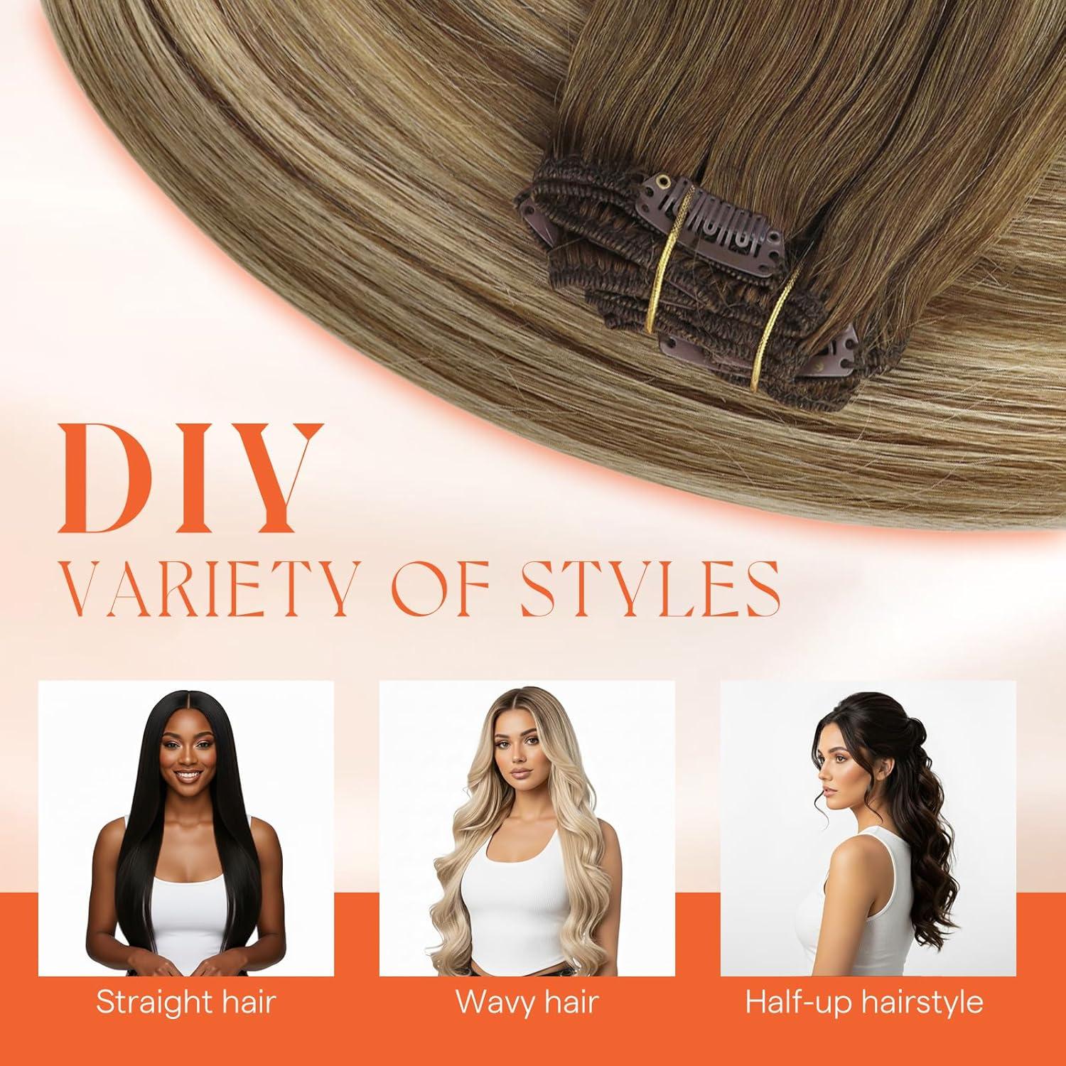 imageSunny Hair Clip in Hair Extensions Real Human Hair 120g Remy Hair Clip in Extensions for Women Human Hair Extensions Black Ombre Brown Balayage Caramel Blonde 24 InchA7 Balayage6606Chestnut Brown Mix