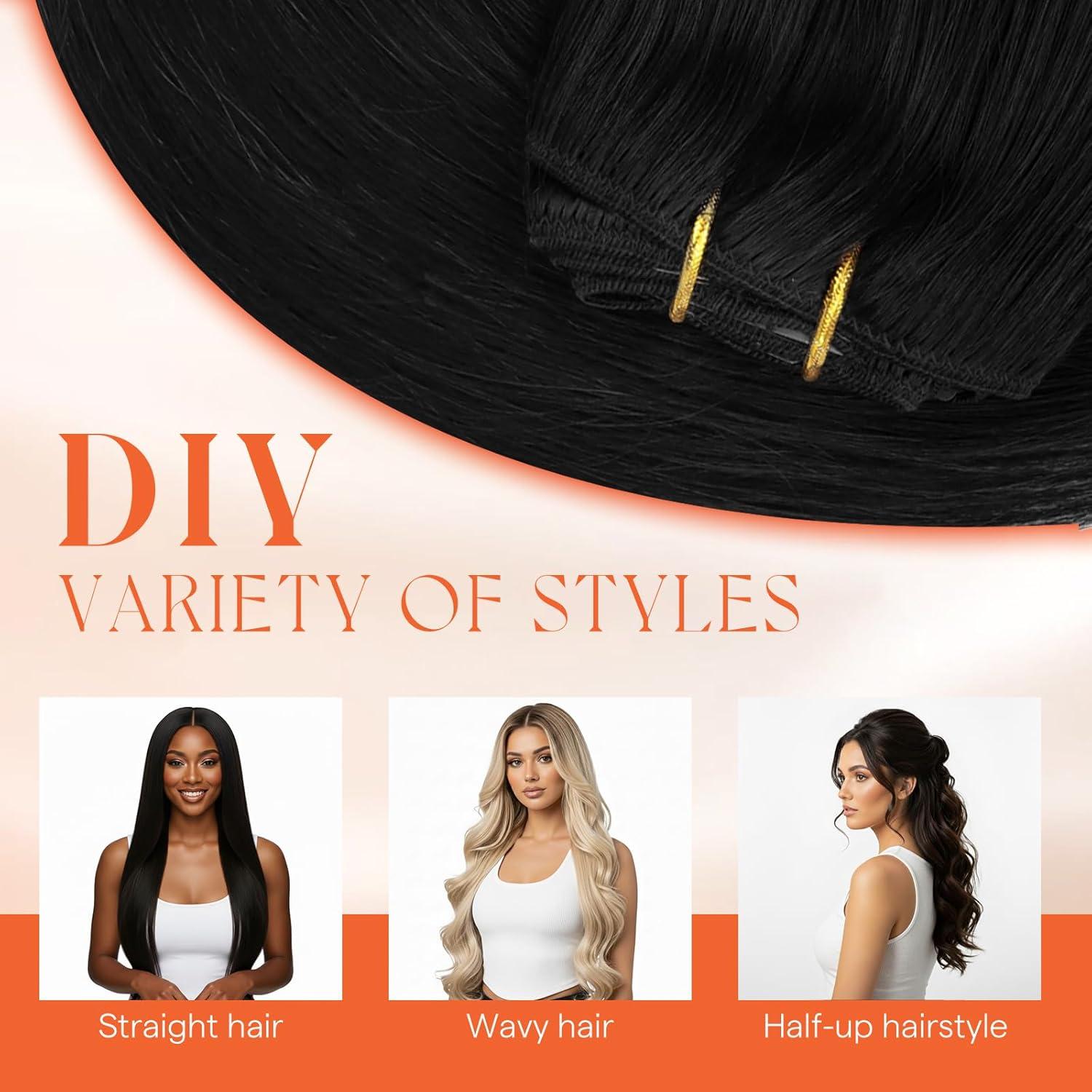 imageSunny Hair Clip in Hair Extensions Real Human Hair 120g Remy Hair Clip in Extensions for Women Human Hair Extensions Black Ombre Brown Balayage Caramel Blonde 24 InchA3 1Jet Black