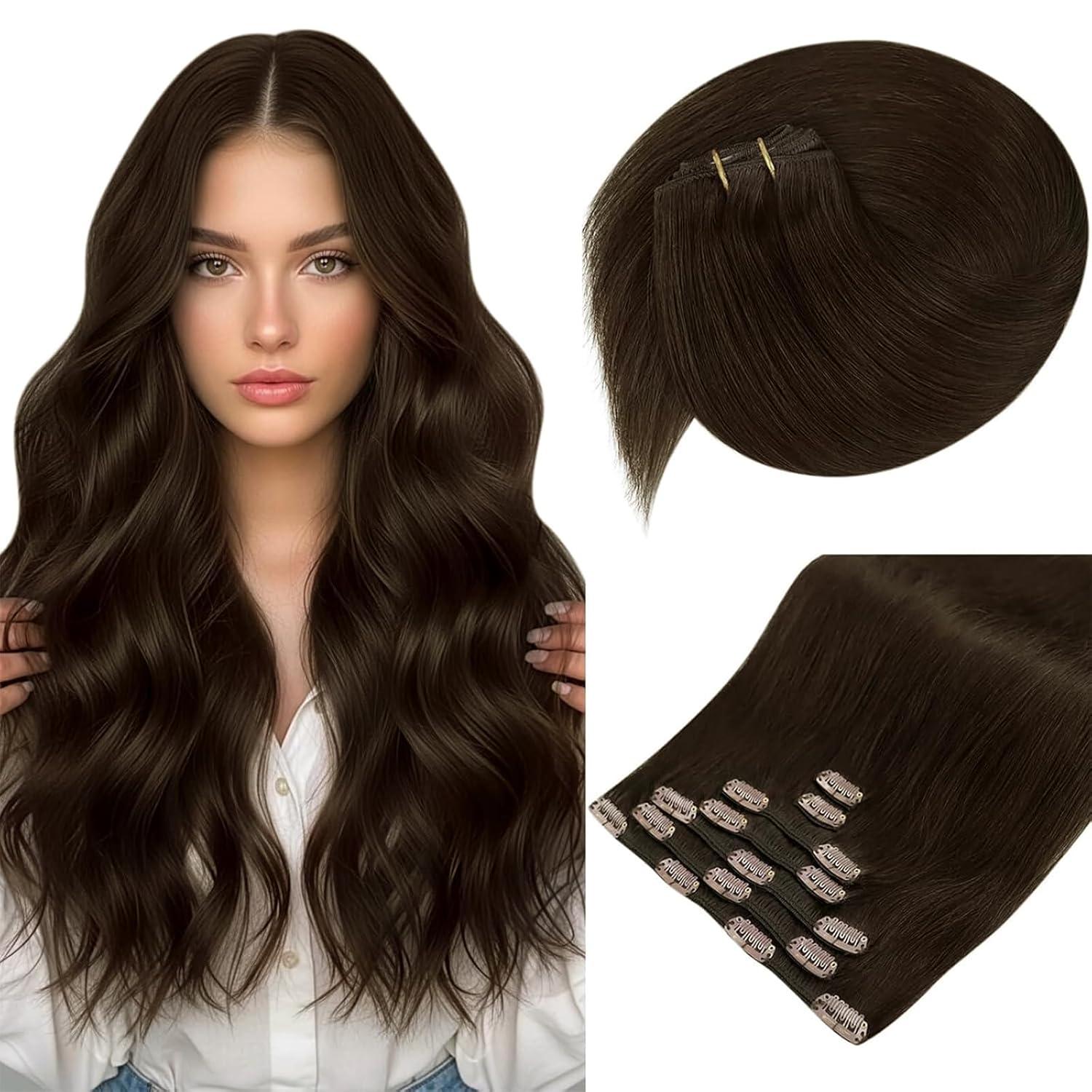 imageSunny Hair Clip in Hair Extensions Real Human Hair 120g Remy Hair Clip in Extensions for Women Human Hair Extensions Black Ombre Brown Balayage Caramel Blonde 24 InchA5 4Chocolate Brown