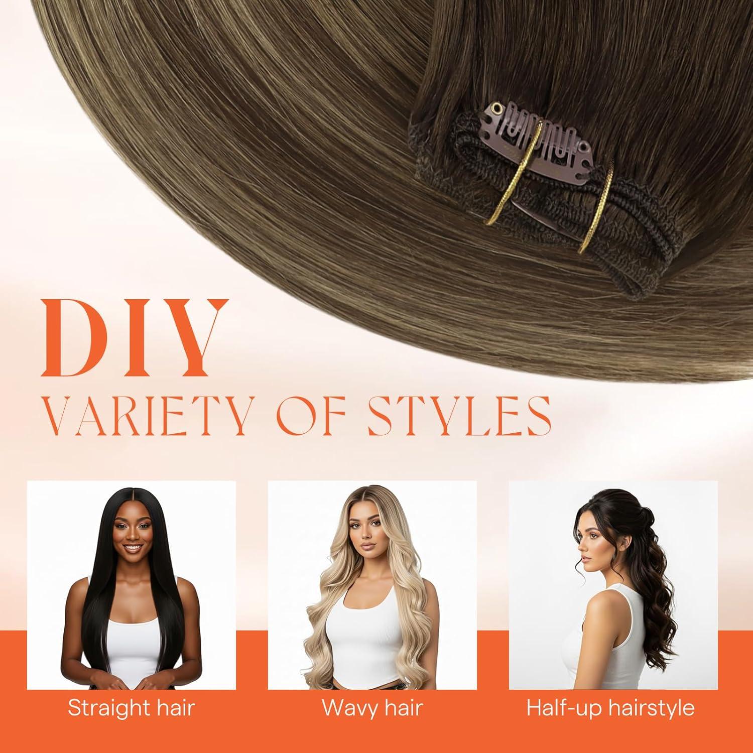imageSunny Hair Clip in Hair Extensions Real Human Hair 120g Remy Hair Clip in Extensions for Women Human Hair Extensions Black Ombre Brown Balayage Caramel Blonde 24 InchA7 Balayage4274Chocolate Brown Mix