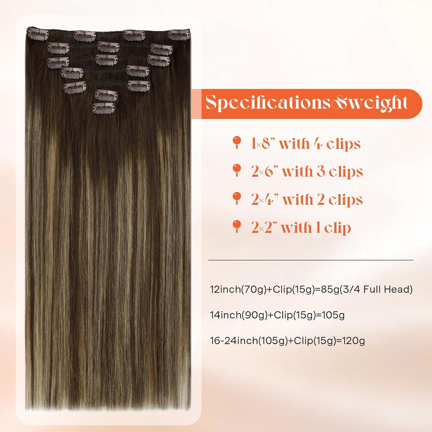 imageSunny Hair Clip in Hair Extensions Real Human Hair 120g Remy Hair Clip in Extensions for Women Human Hair Extensions Black Ombre Brown Balayage Caramel Blonde 24 InchA7 Balayage4274Chocolate Brown Mix