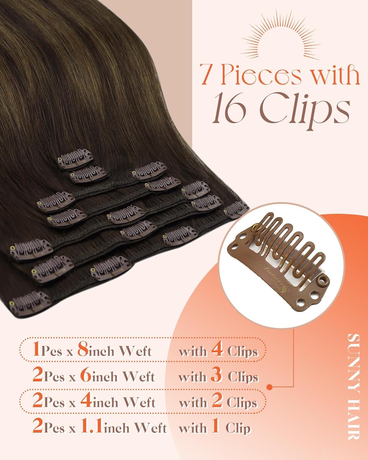 imageSunny Hair Clip in Hair Extensions Real Human Hair 120g Remy Hair Clip in Extensions for Women Human Hair Extensions Black Ombre Brown Balayage Caramel Blonde 24 InchA5 Balayage262Dark Brown Mix