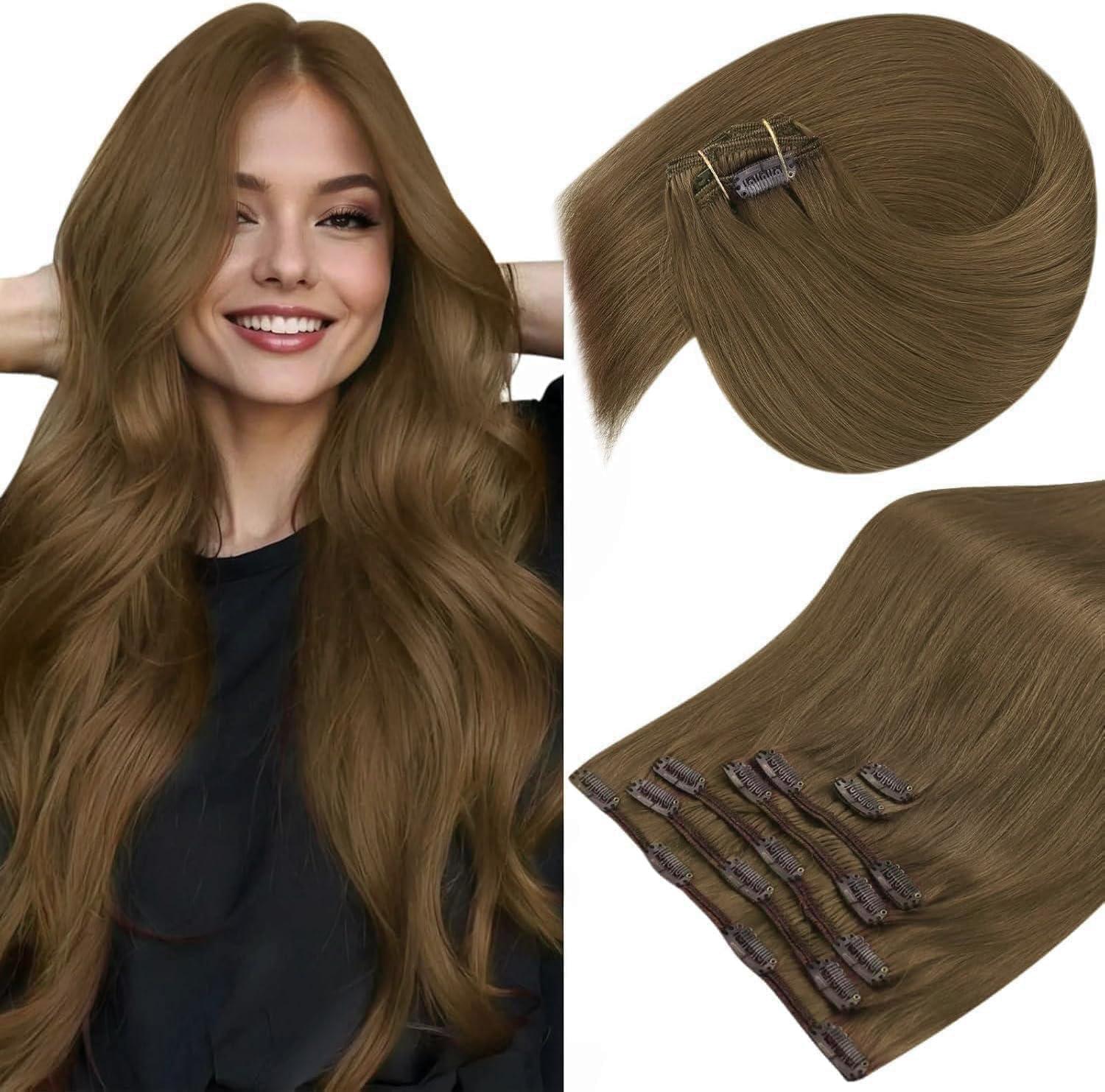 imageSunny Hair Clip in Hair Extensions Real Human Hair 120g Remy Hair Clip in Extensions for Women Human Hair Extensions Black Ombre Brown Balayage Caramel Blonde 24 InchA5 8Light Ash Brown