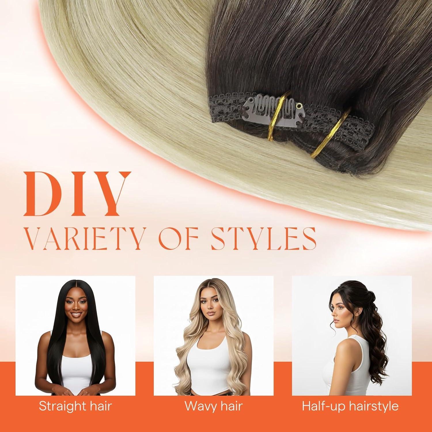 imageSunny Hair Clip in Hair Extensions Real Human Hair 120g Remy Hair Clip in Extensions for Women Human Hair Extensions Black Ombre Brown Balayage Caramel Blonde 24 InchA8 Ombre41460Brown Roots Blonde Balayage