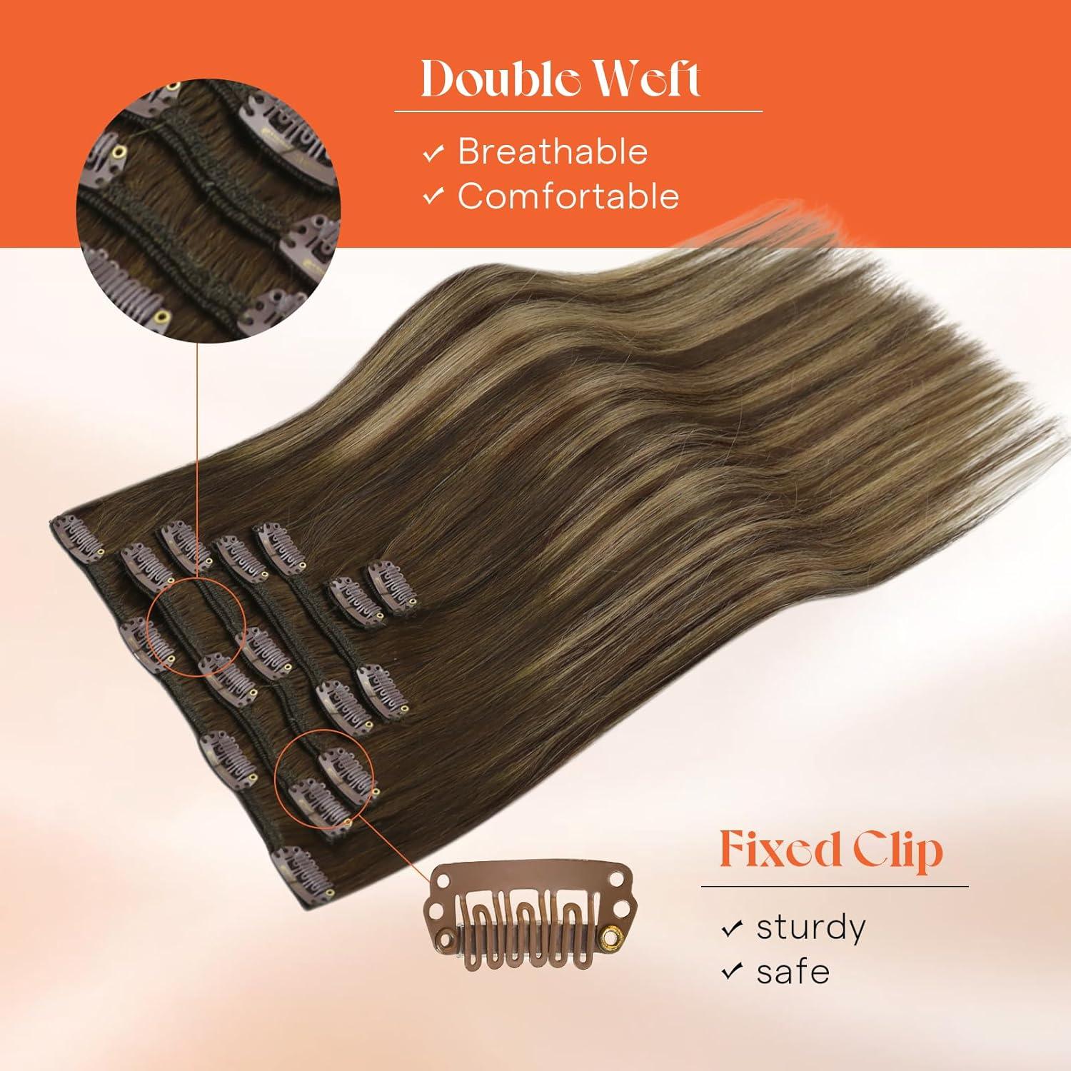 imageSunny Hair Clip in Hair Extensions Real Human Hair 120g Remy Hair Clip in Extensions for Women Human Hair Extensions Black Ombre Brown Balayage Caramel Blonde 24 InchA7 Balayage4274Chocolate Brown Mix
