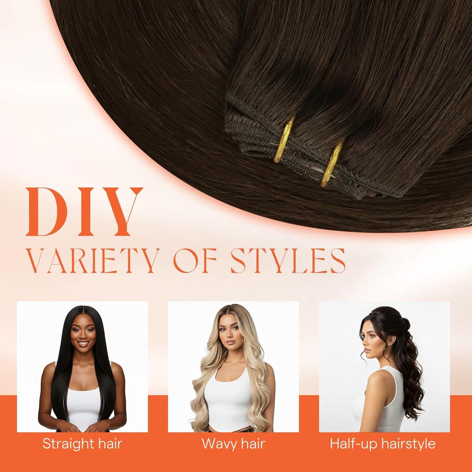 imageSunny Hair Clip in Hair Extensions Real Human Hair 120g Remy Hair Clip in Extensions for Women Human Hair Extensions Black Ombre Brown Balayage Caramel Blonde 24 InchA5 4Chocolate Brown