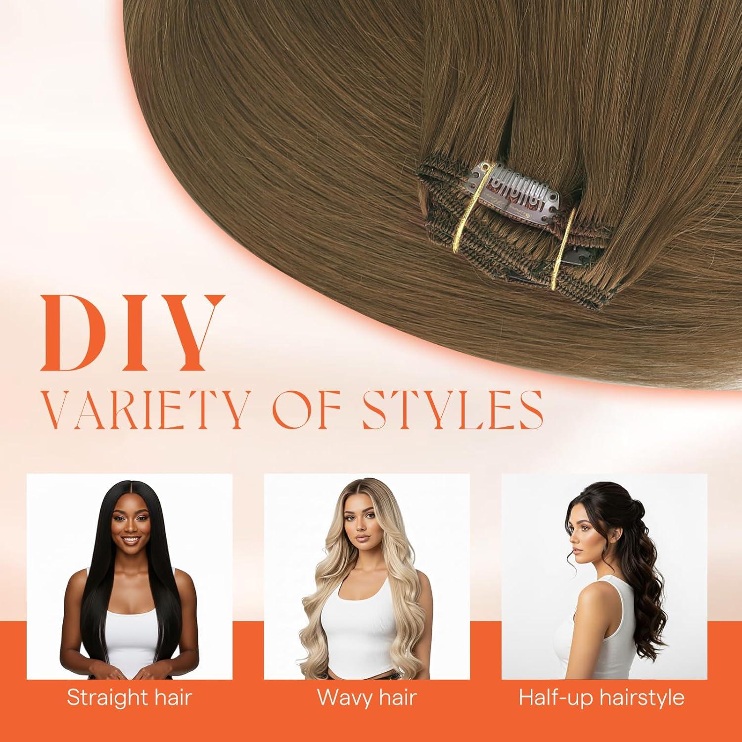 imageSunny Hair Clip in Hair Extensions Real Human Hair 120g Remy Hair Clip in Extensions for Women Human Hair Extensions Black Ombre Brown Balayage Caramel Blonde 24 InchA5 8Light Ash Brown