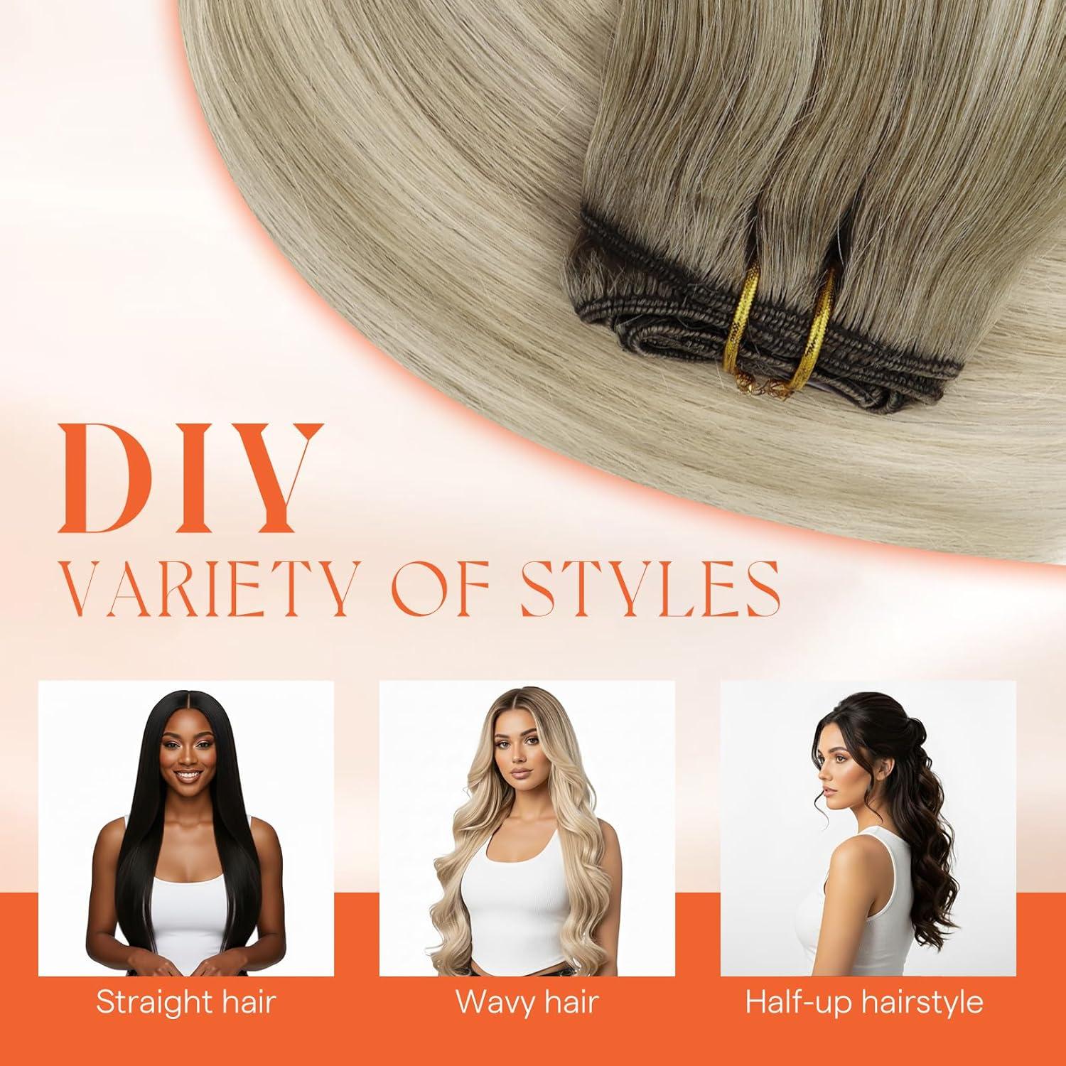 imageSunny Hair Clip in Hair Extensions Real Human Hair 120g Remy Hair Clip in Extensions for Women Human Hair Extensions Black Ombre Brown Balayage Caramel Blonde 24 InchA8 Balayage186060ACool Blonde Mix