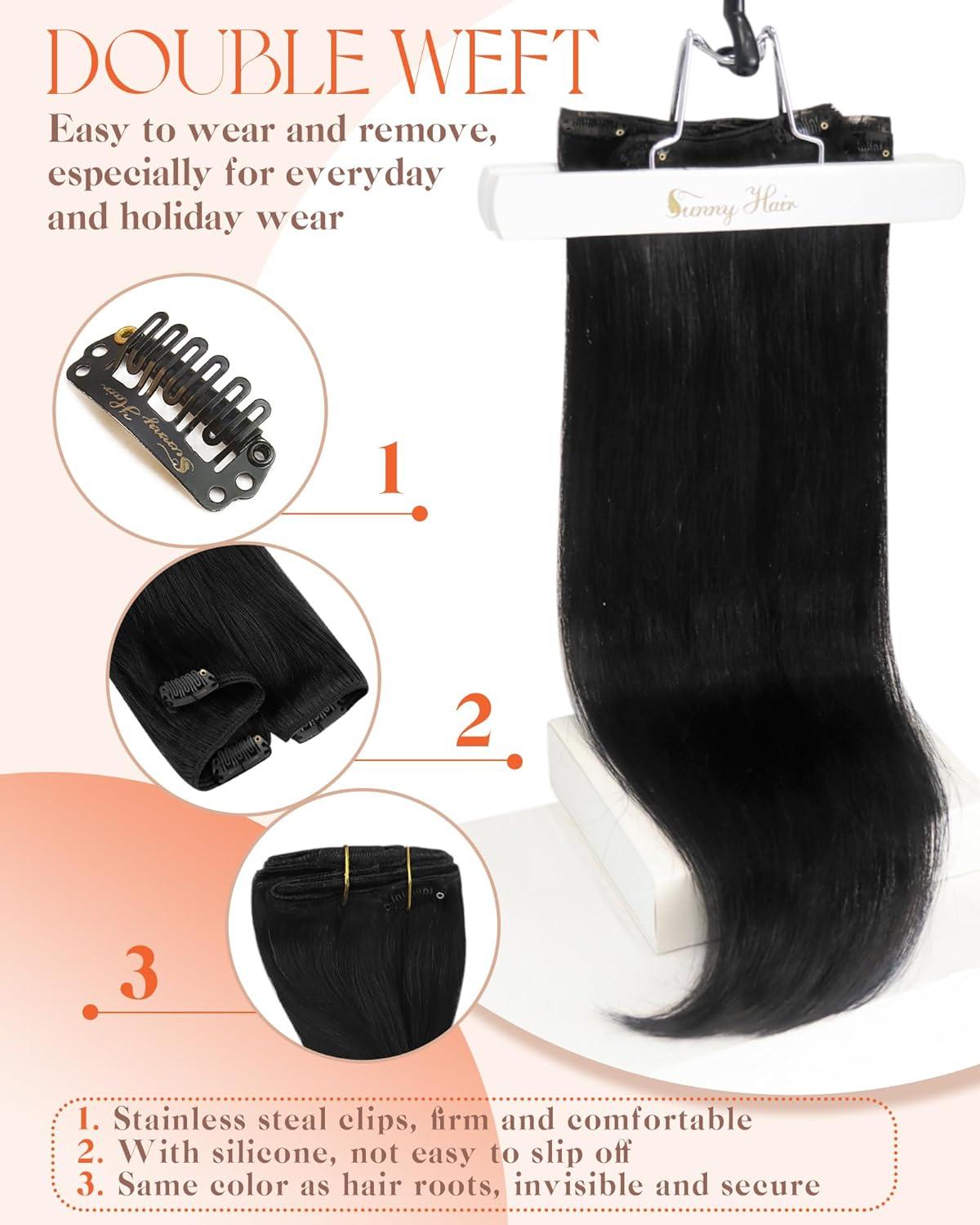 imageSunny Hair Clip in Hair Extensions Real Human Hair 120g Remy Hair Clip in Extensions for Women Human Hair Extensions Black Ombre Brown Balayage Caramel Blonde 24 InchA4 1BNatural Black