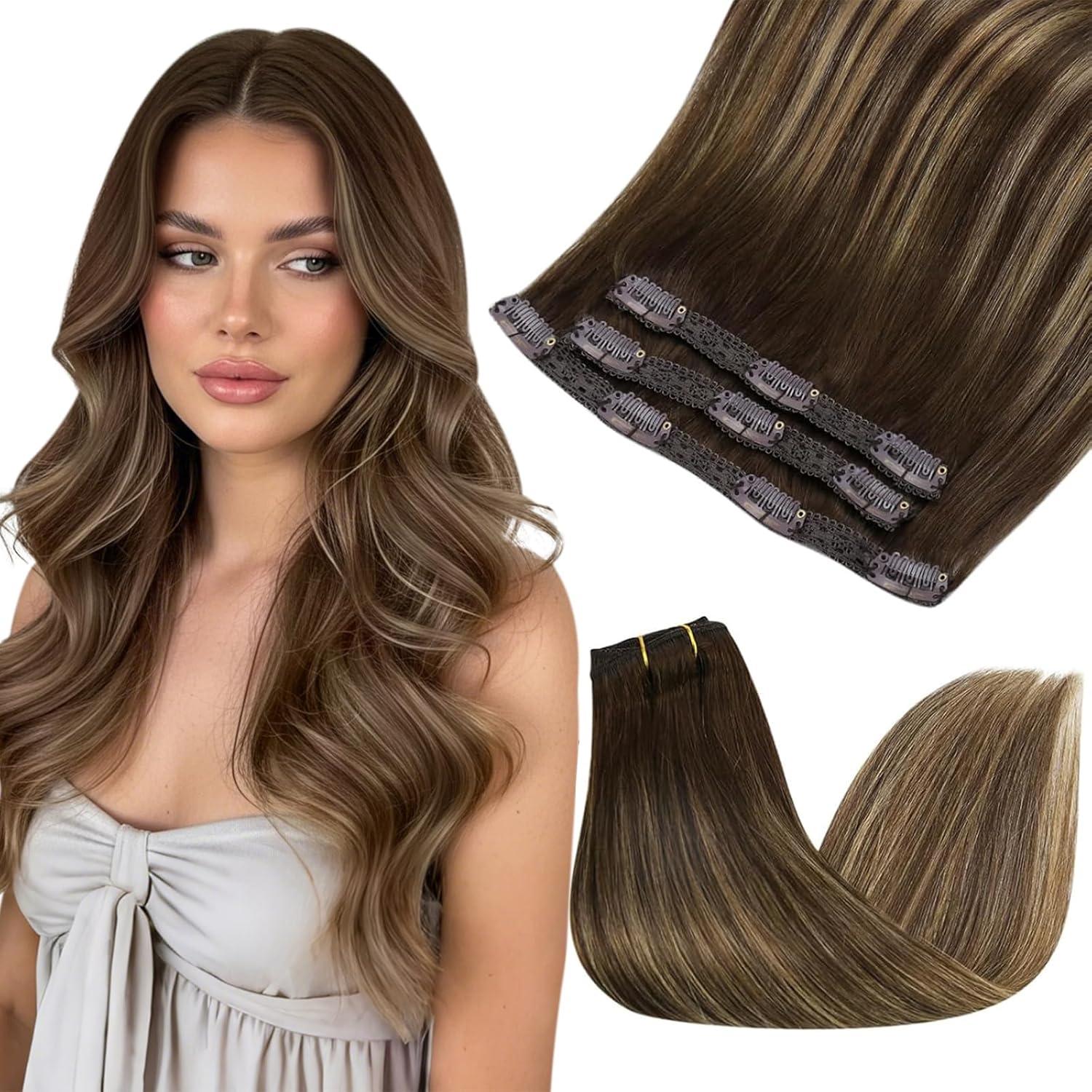 imageSunny Hair Clip in Hair Extensions Real Human Hair 120g Remy Hair Clip in Extensions for Women Human Hair Extensions Black Ombre Brown Balayage Caramel Blonde 24 InchA7 Balayage4274Chocolate Brown Mix