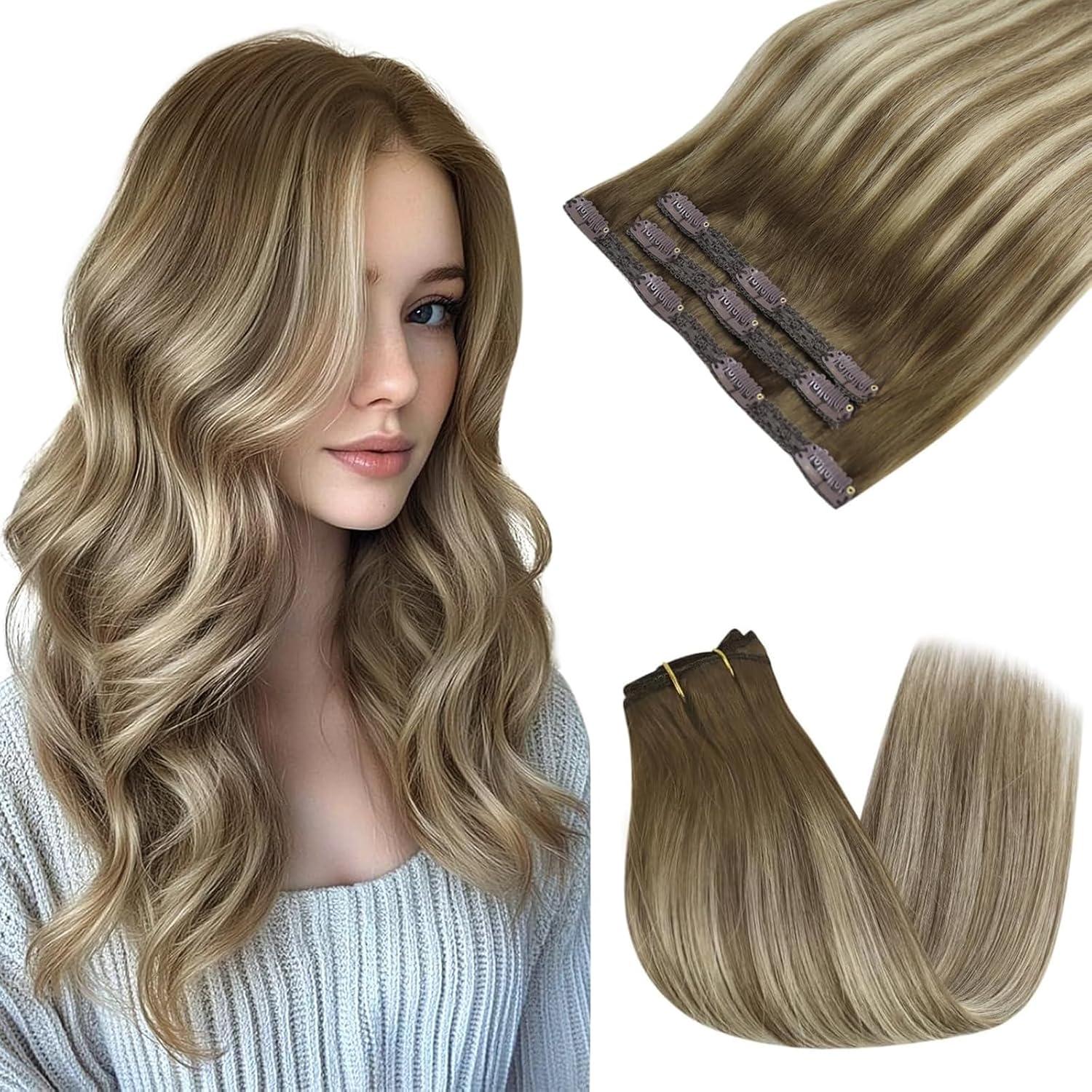 imageSunny Hair Clip in Hair Extensions Real Human Hair 120g Remy Hair Clip in Extensions for Women Human Hair Extensions Black Ombre Brown Balayage Caramel Blonde 24 InchA7 Balayage3822Walnut Brown Mix